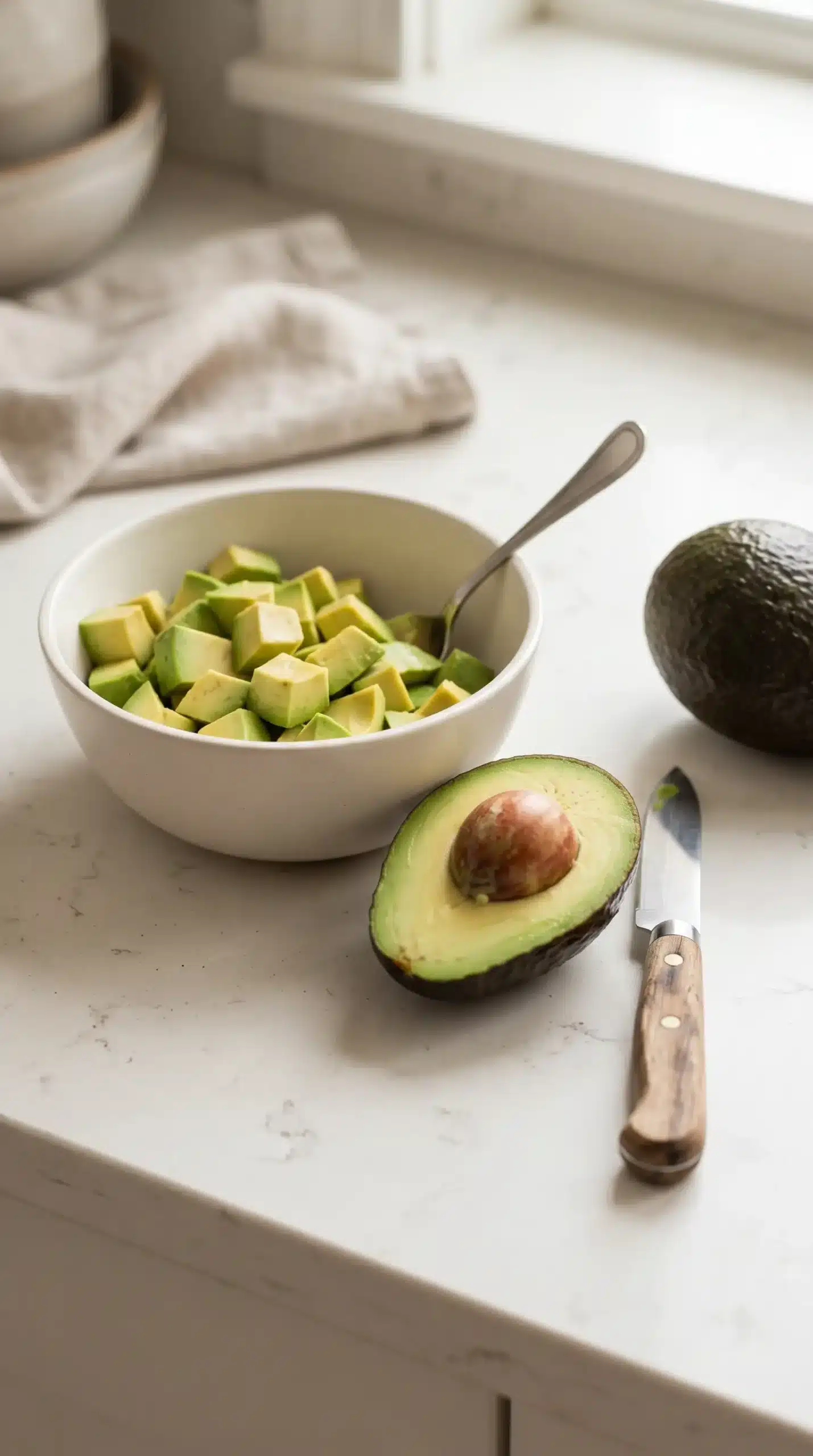 Ripe avocados and diced avocado cubes prepared for adding texture to orzo pasta salad