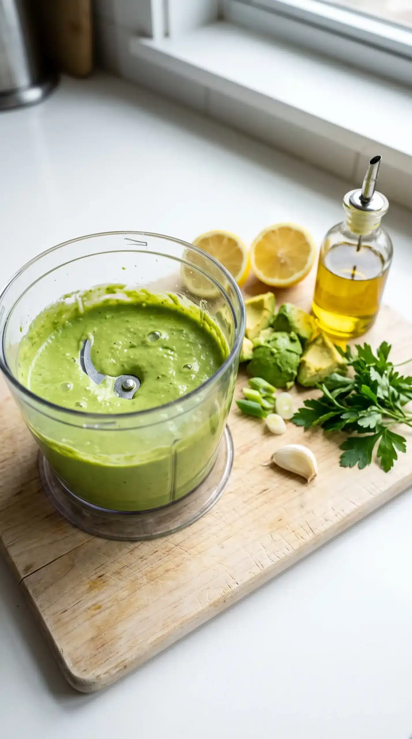 Creamy avocado sauce blending with avocado, parsley, green onion, garlic, lemon, and olive oil