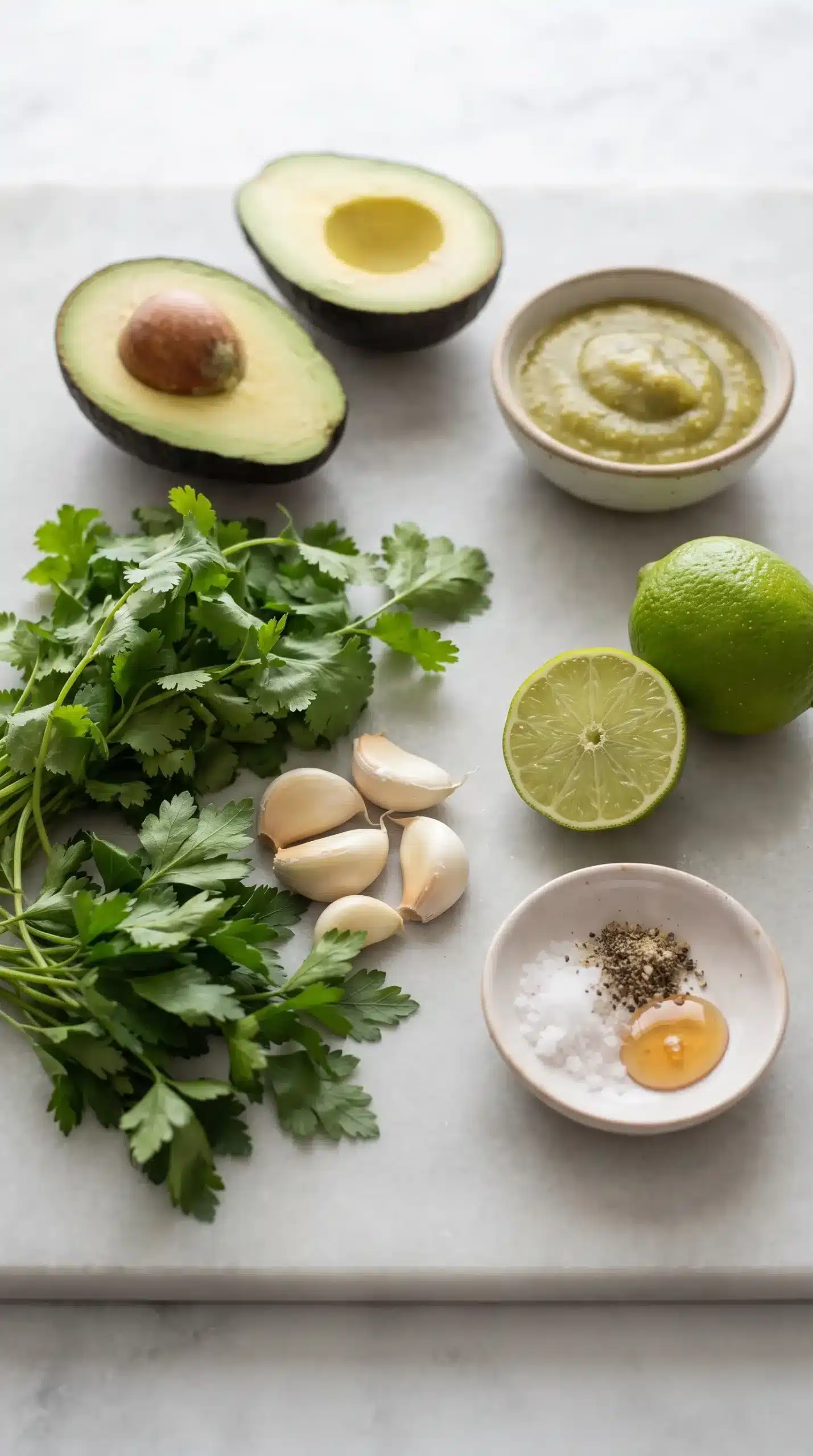 Ingredients for avocado tomatillo dip including avocado, roasted salsa verde, herbs, lime, and garlic
