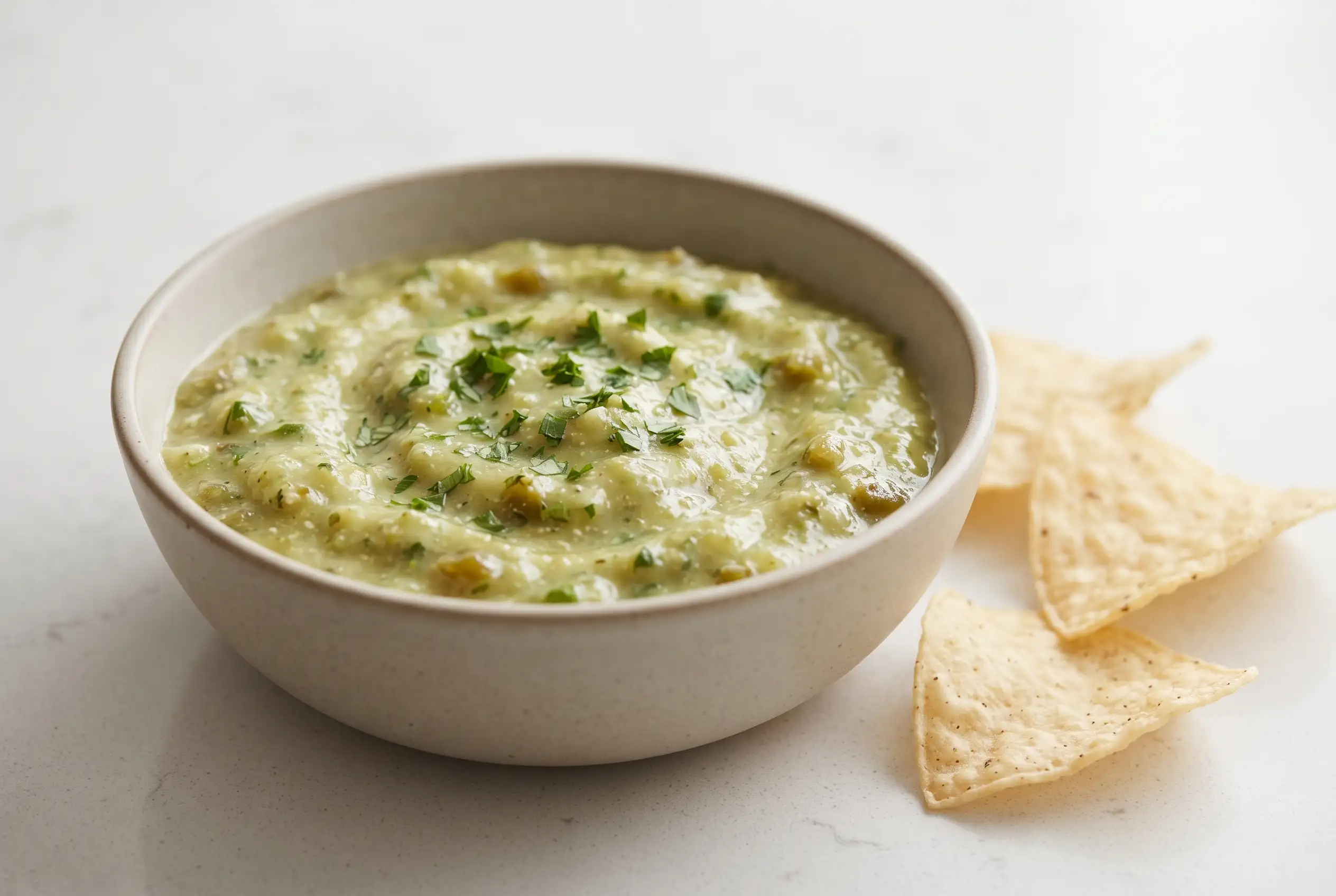 Avocado tomatillo dip with roasted salsa verde served in a ceramic bowl with tortilla chips