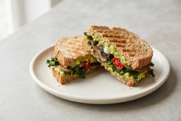 Avocado veggie panini with mushrooms, kale, tomatoes, and melted cheese on toasted wheat bread