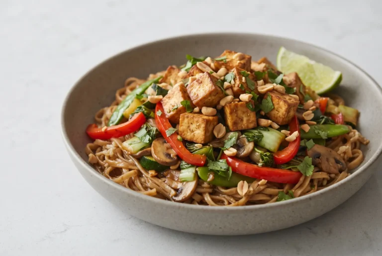 Noodle stir fry with golden tofu, vegetables, peanuts, cilantro, and lime in a bowl