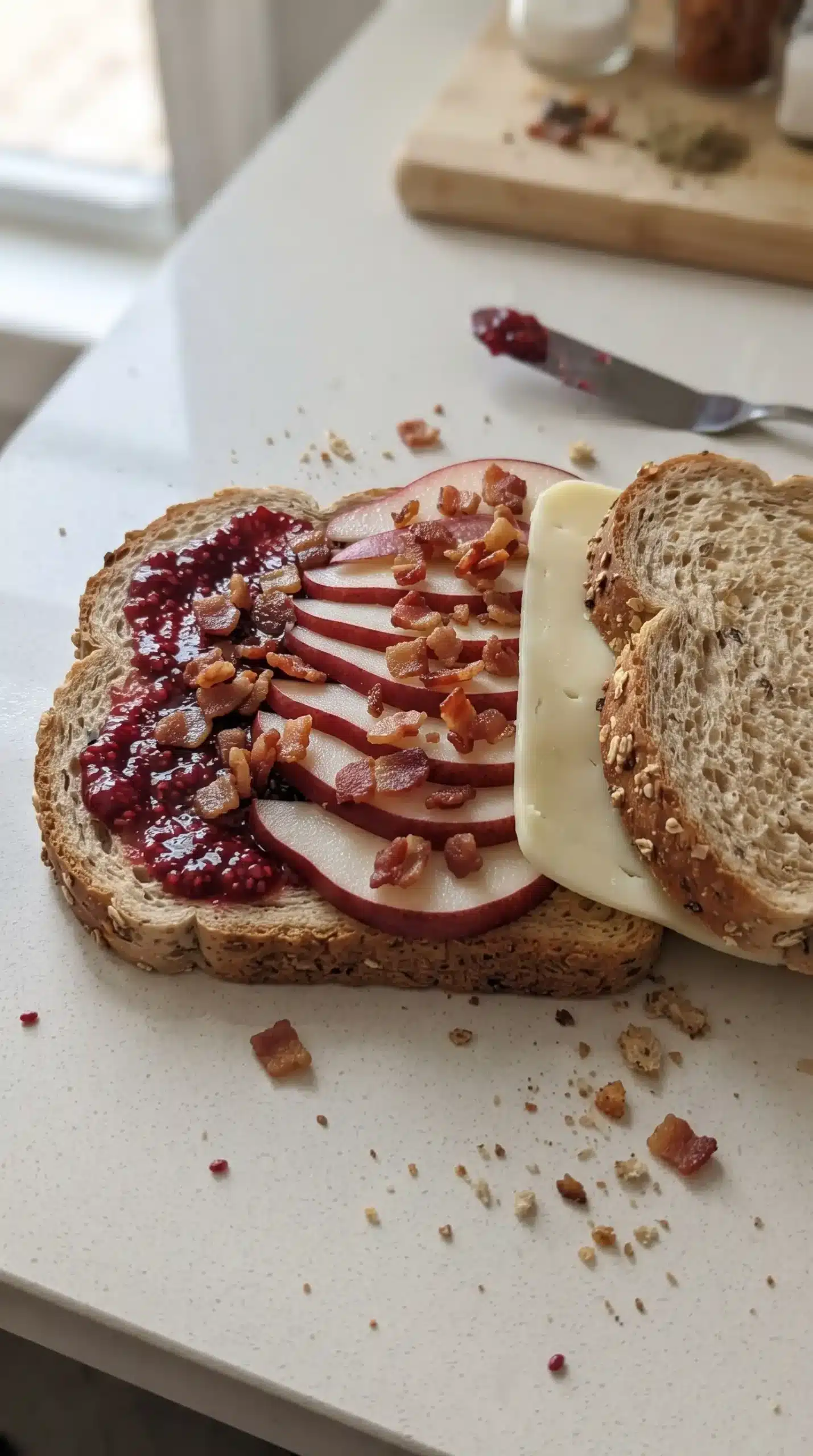 Layering bread with raspberry preserves, pear, bacon, and Muenster cheese for grilled cheese