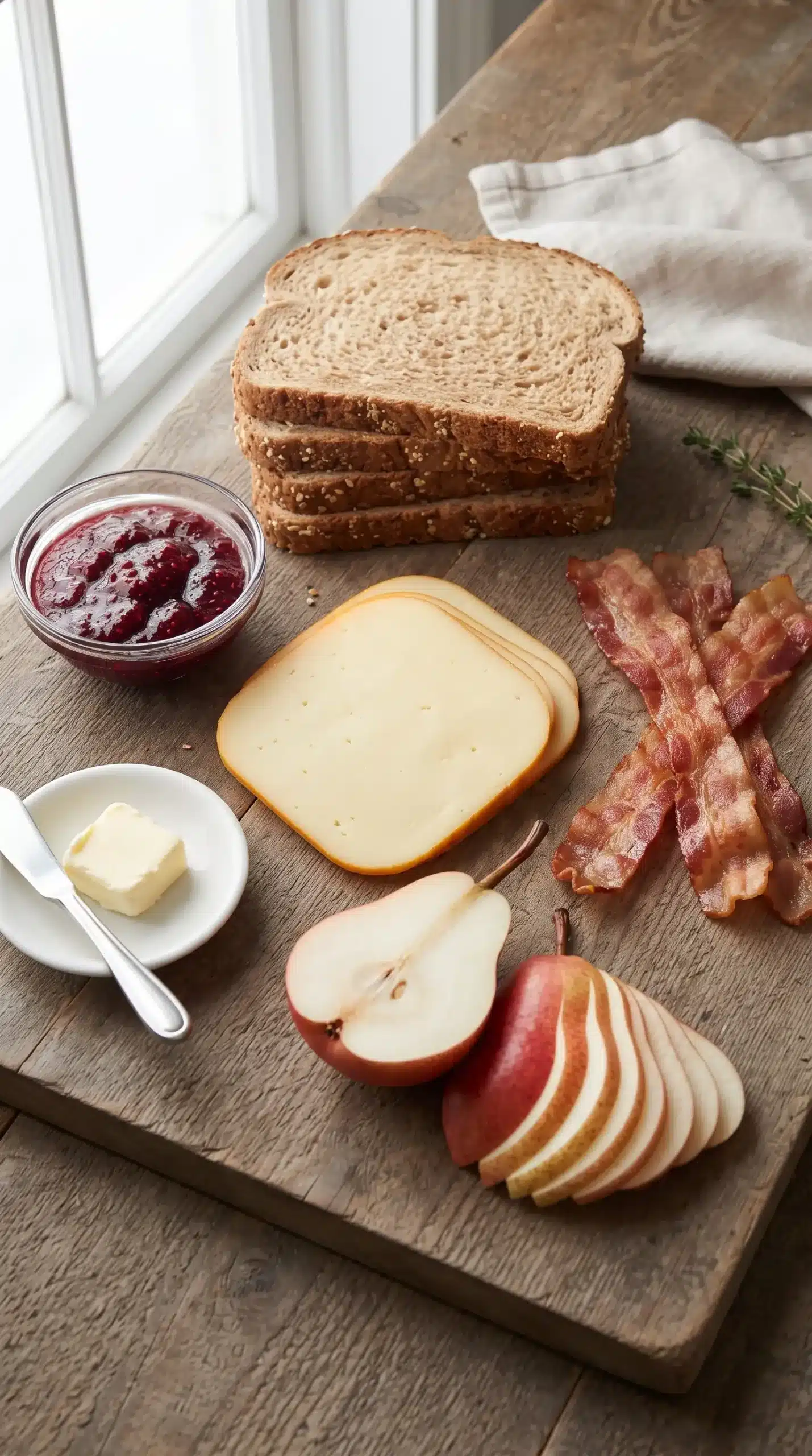 Ingredients for bacon pear grilled cheese with bread, pear, bacon, Muenster cheese, and preserves