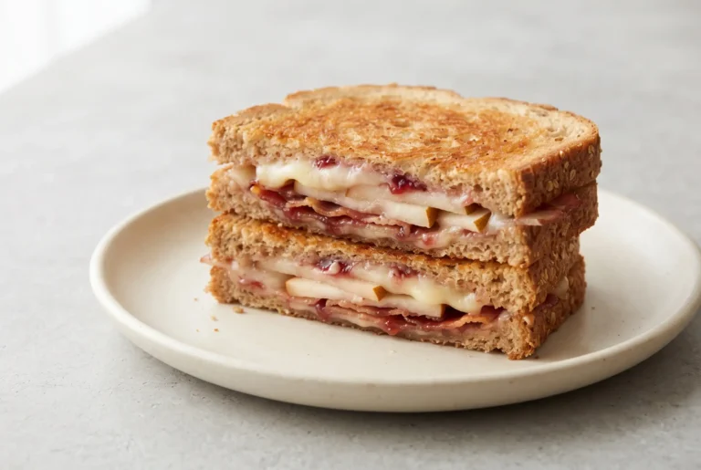 Bacon pear grilled cheese sandwich with melted Muenster cheese, bacon, pear, and raspberry preserves