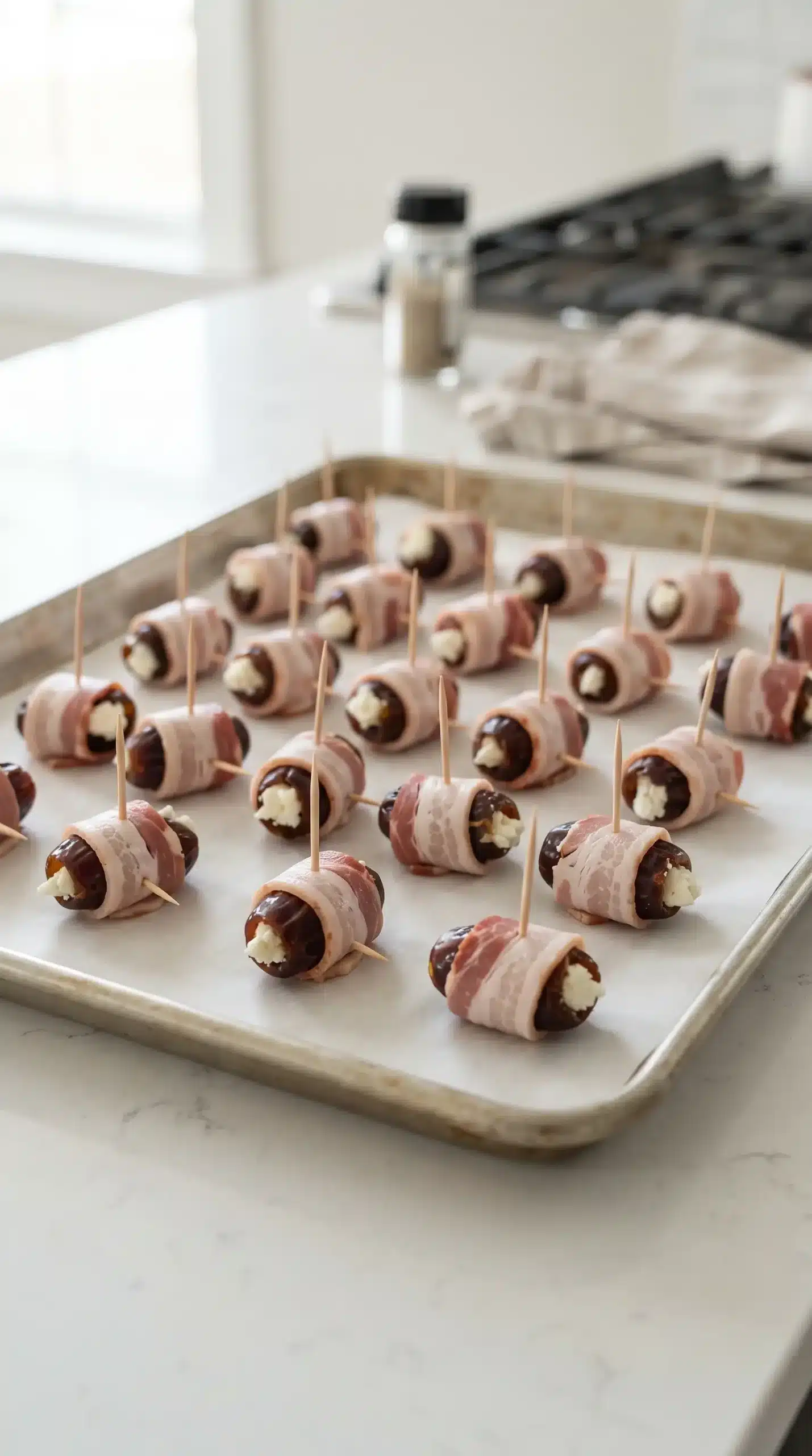 Bacon wrapped dates arranged on a baking sheet with toothpicks