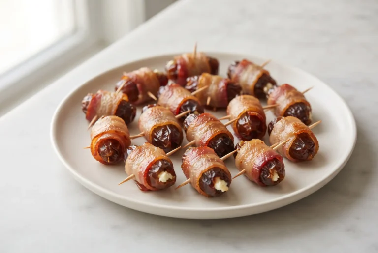 Bacon wrapped dates with goat cheese filling served on a ceramic plate