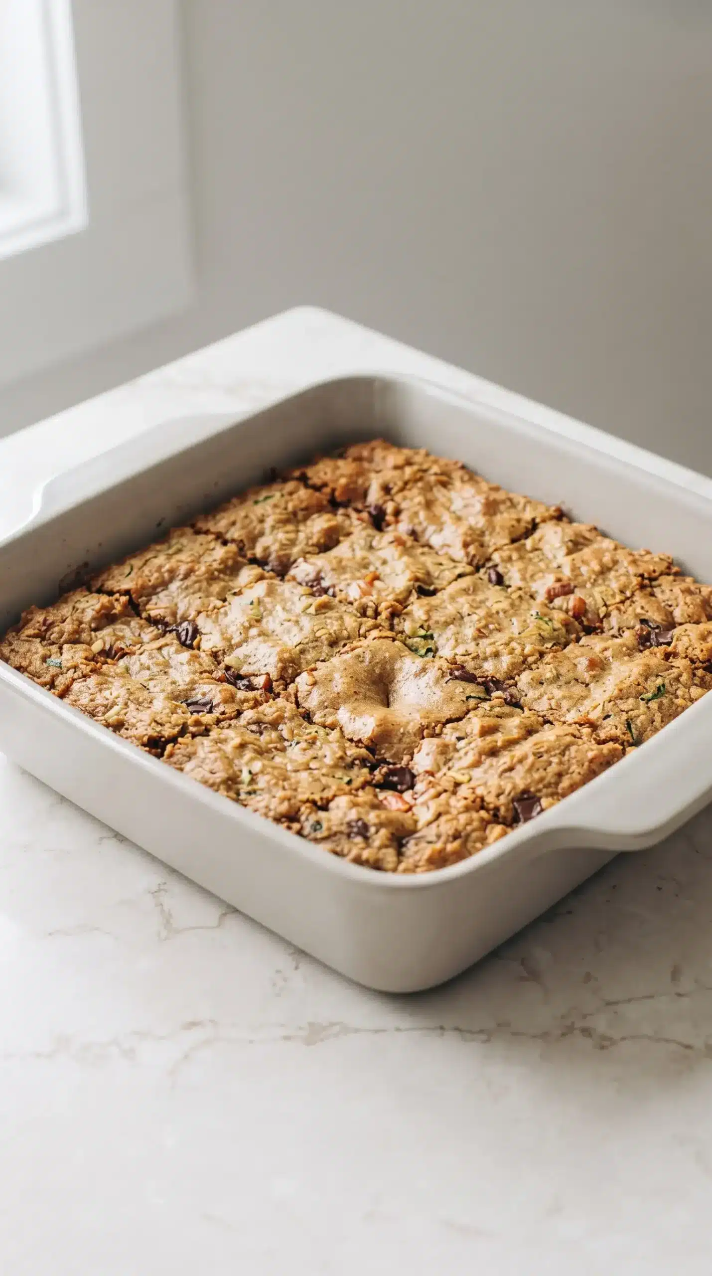 Professional food photography of almond butter zucchini bars during the baking stage, showing a square baking dish just removed from the oven with a golden brown top and a firming surface that gently springs back, matching the recipe's 9x9 style pan. The scene should focus on the baked bar texture and doneness cues, with a simple neutral countertop, no serving plates, no steam or dramatic heat effects, soft natural window light, and realistic homemade appearance.