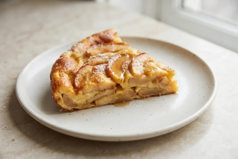 Baked apple pancake wedge with apple cider syrup, powdered sugar, and visible apple slices on a plate