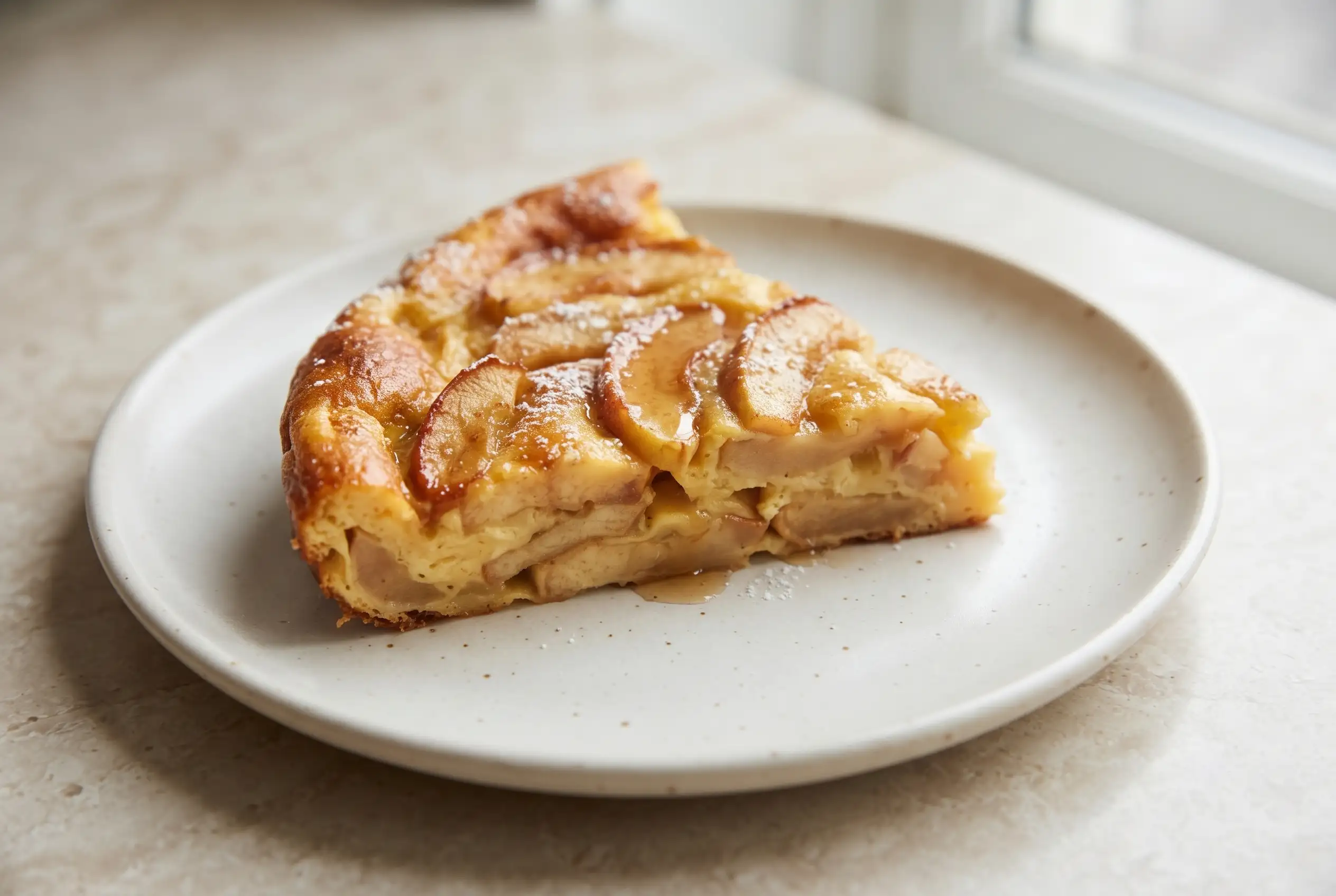 Baked apple pancake wedge with apple cider syrup, powdered sugar, and visible apple slices on a plate