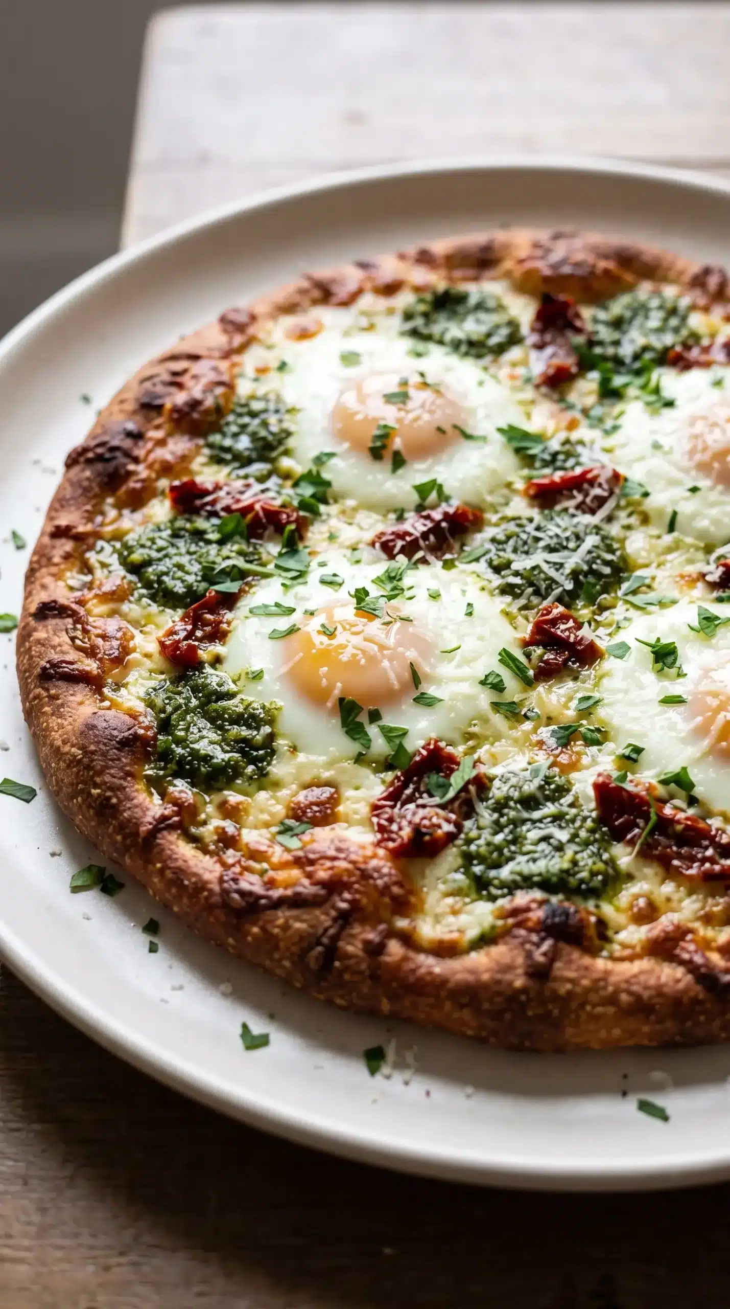 Baked breakfast pizza with kale pesto, sun dried tomatoes, melted mozzarella, and soft eggs