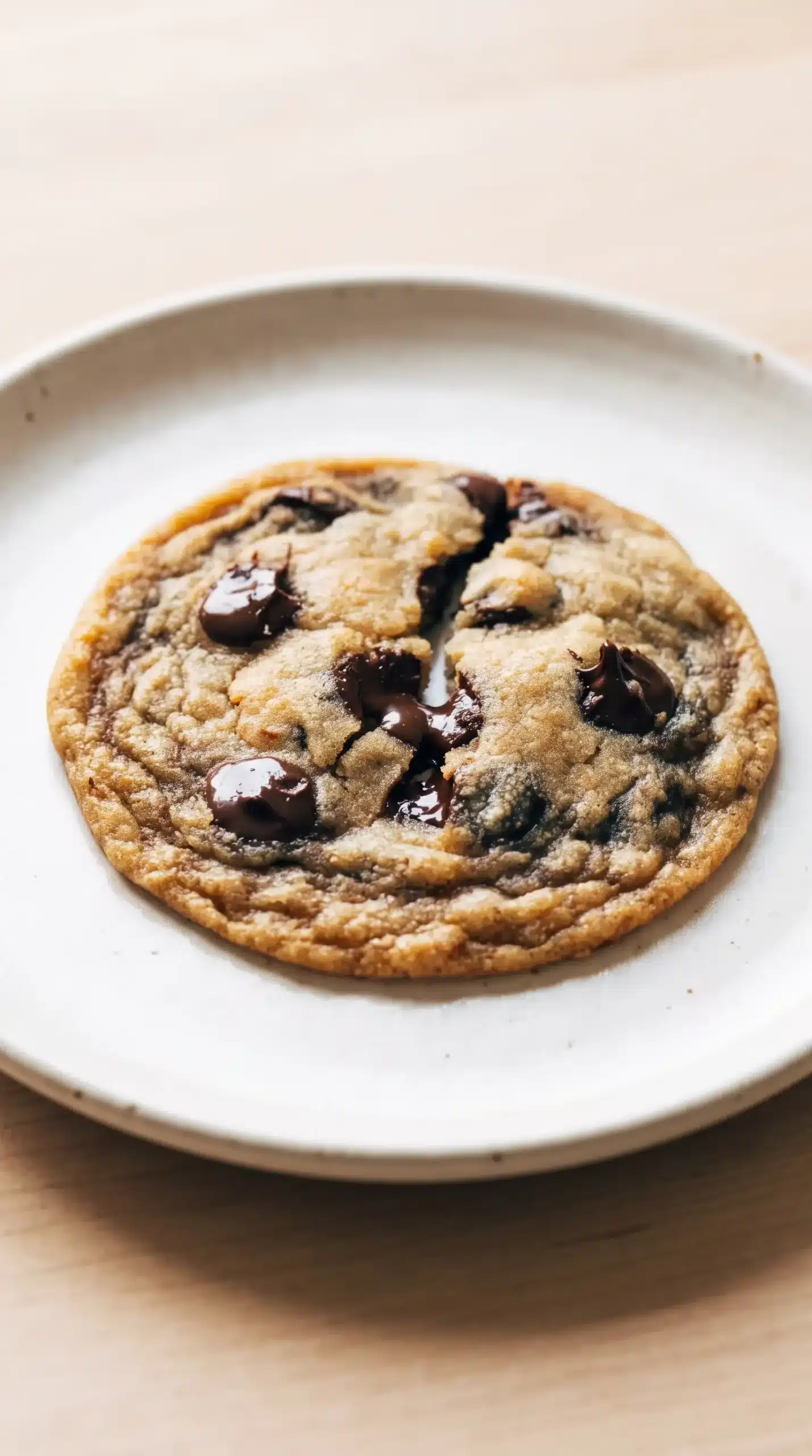 Freshly baked browned butter chocolate chip cookies with soft centers on a plate