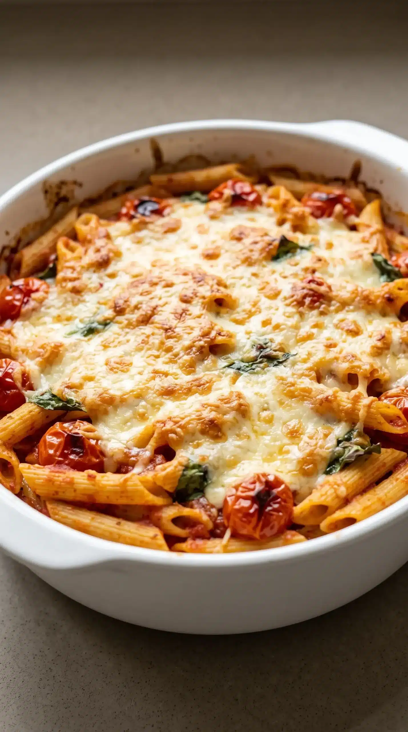 Baked caprese penne in a dish with melted golden mozzarella covering tomato sauce pasta