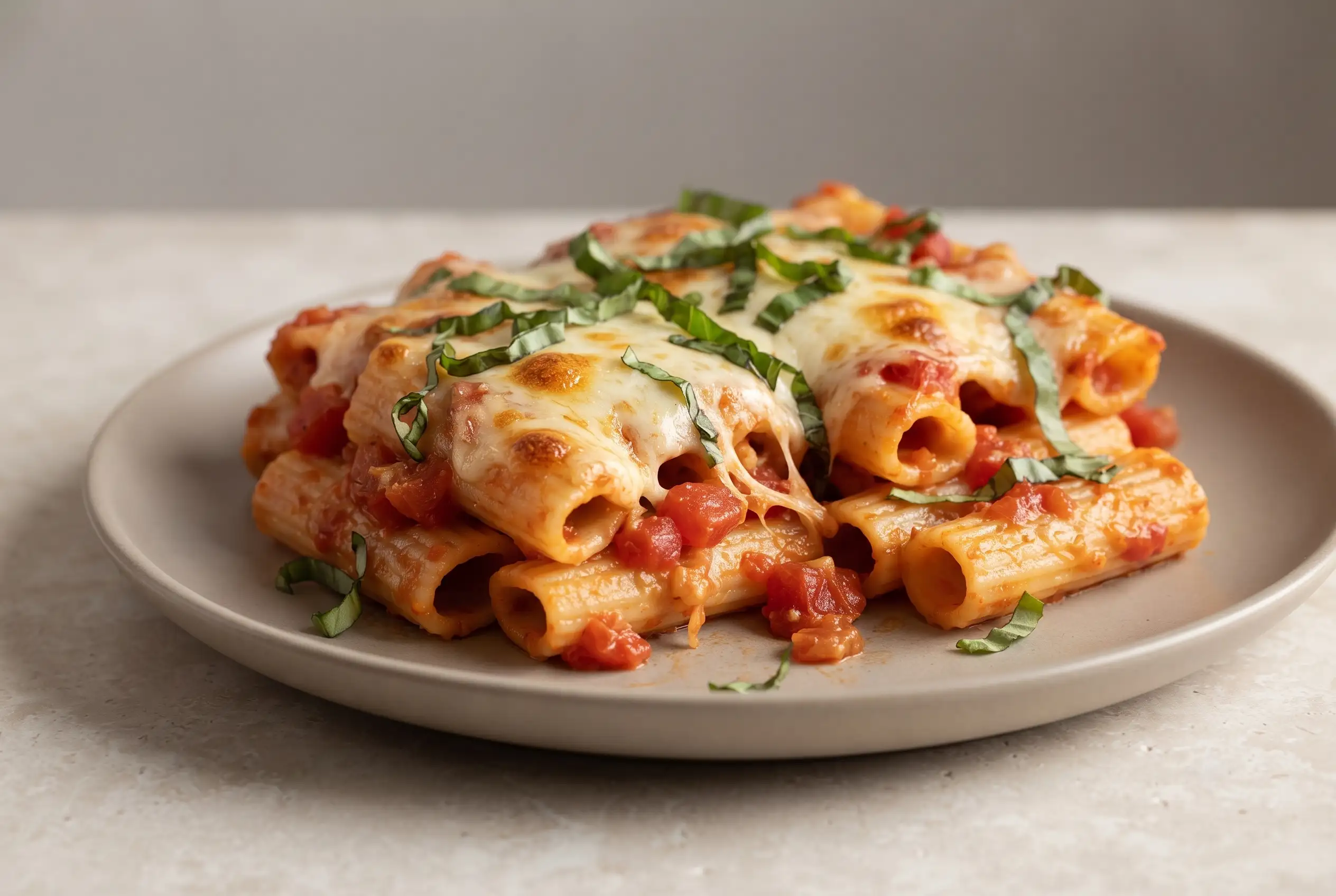 Baked caprese rigatoni with tomato sauce, melted cheese, and fresh basil on a plate