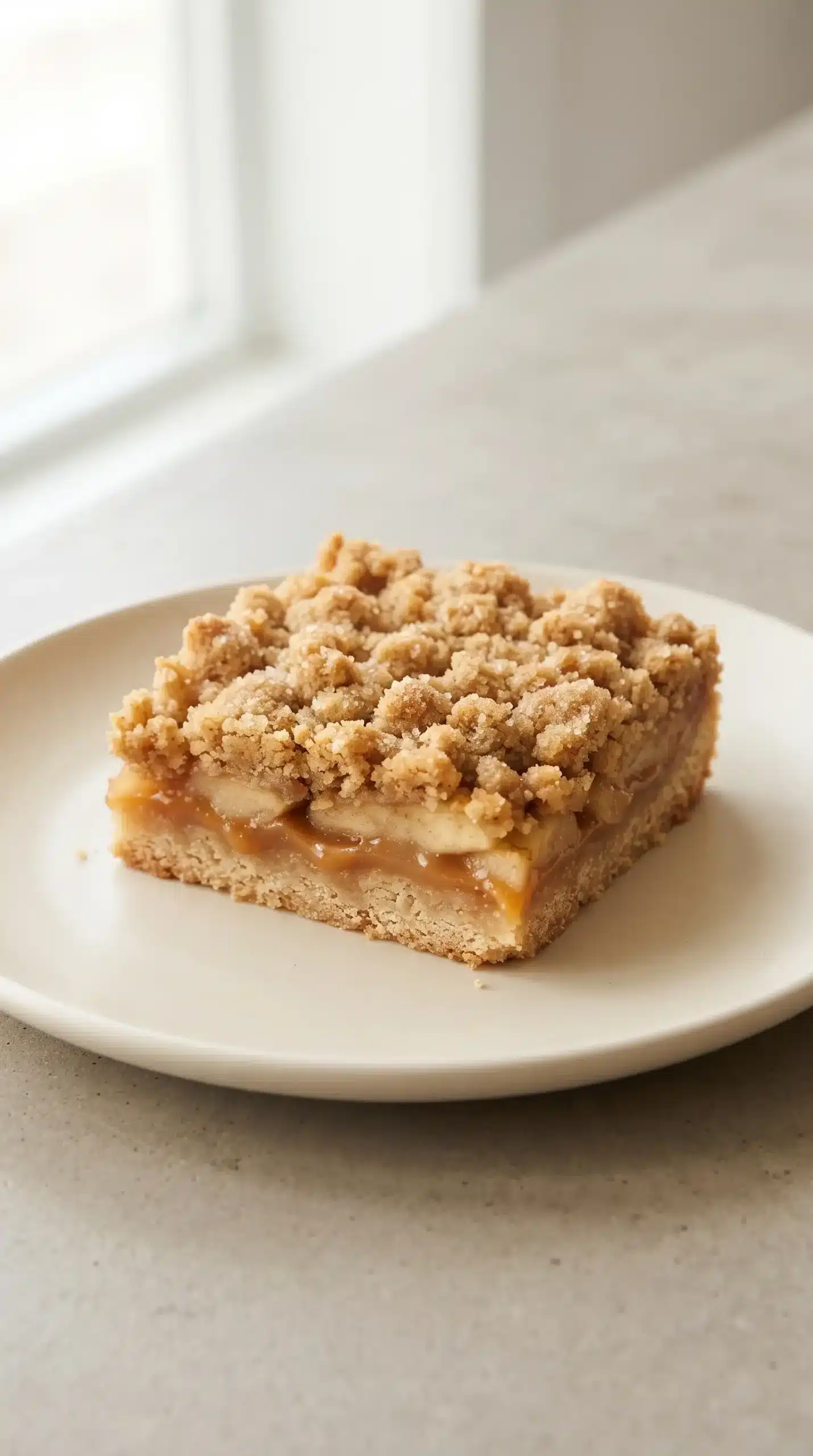 Caramel apple crisp bar showing baked crumb topping, apple layers, and caramel filling