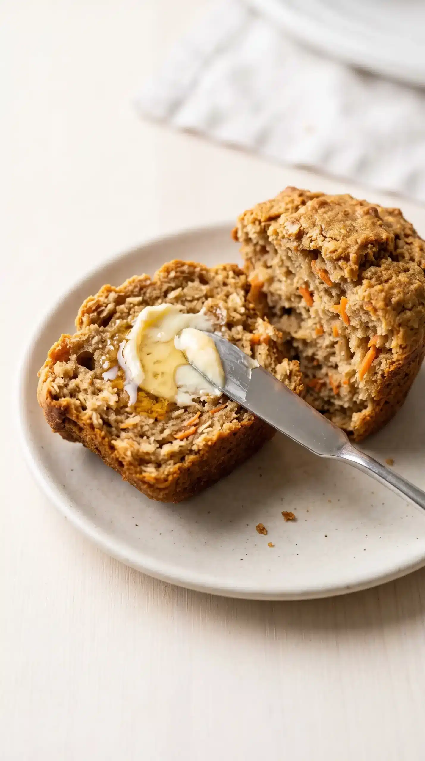 Warm carrot muffin with oat texture and a soft crumb served on a ceramic plate