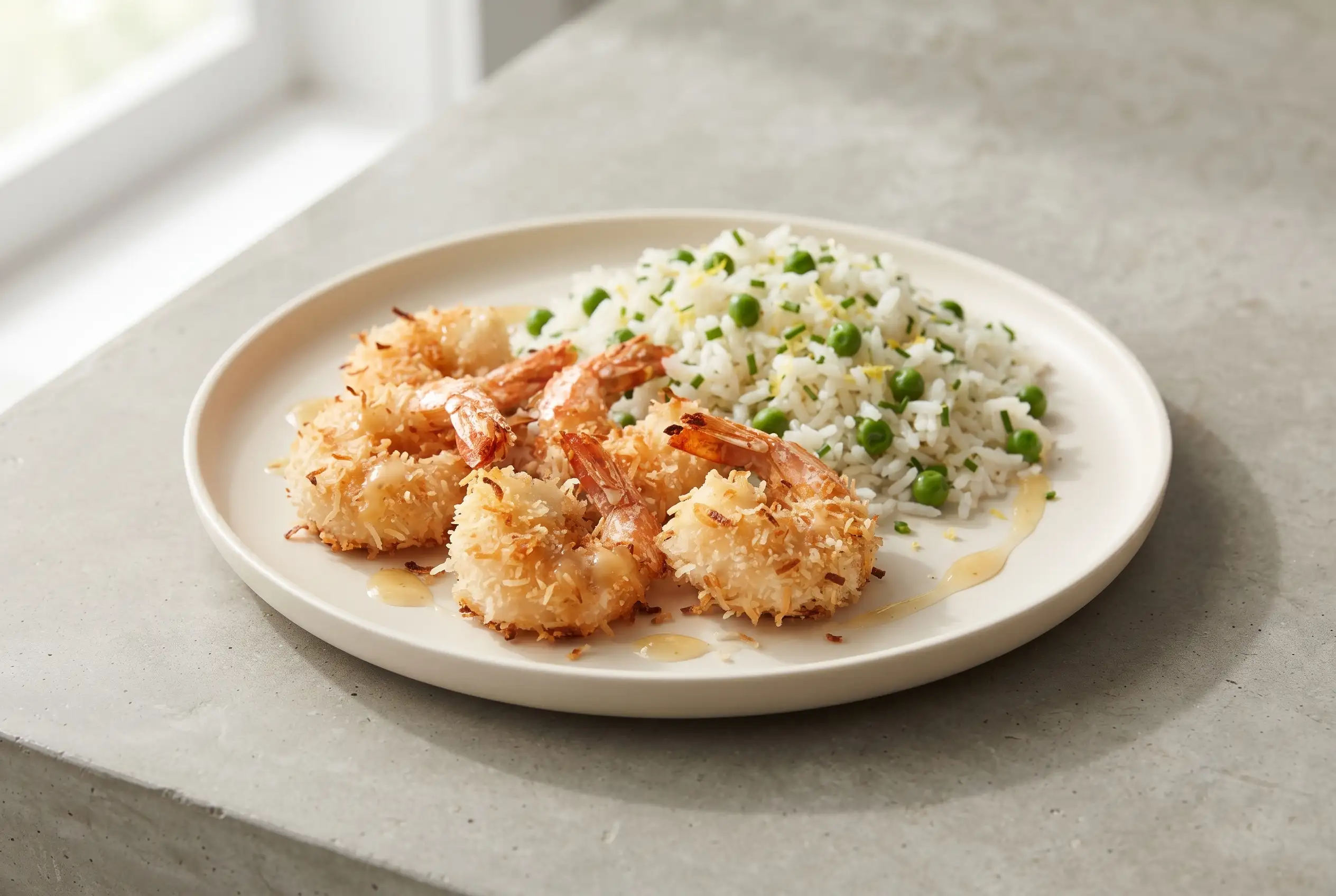 Baked coconut shrimp with honey butter sauce served with jasmine rice and peas