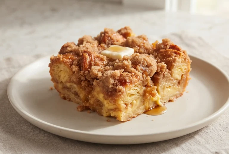 Baked croissant French toast with cinnamon crumb topping on a plate with maple syrup and butter
