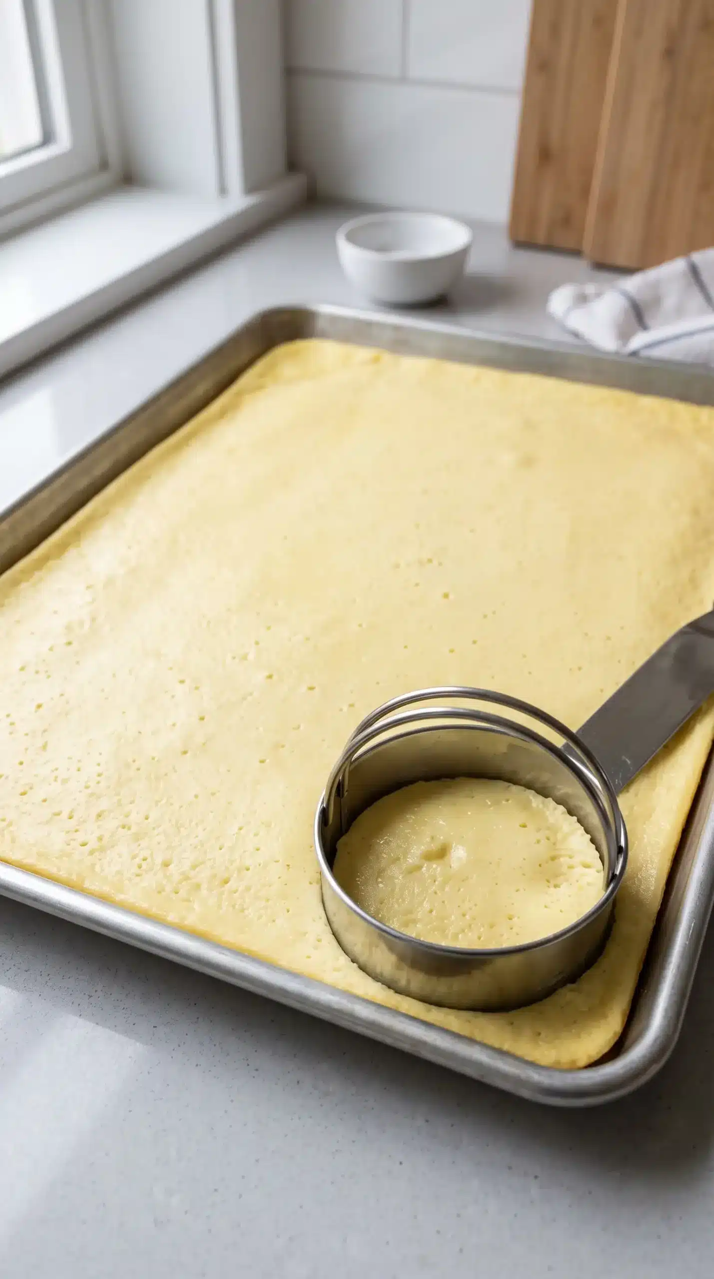 Baked egg layer being cut into portions for meal prep breakfast sandwiches