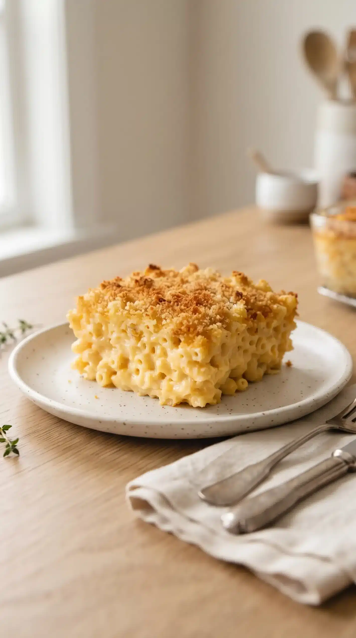 Square serving of baked mac and cheese with creamy cheddar filling and toasted crust