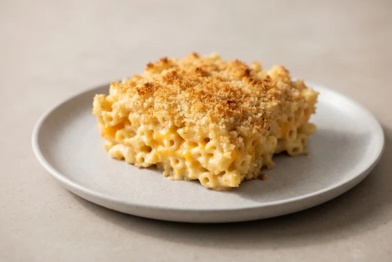 Baked mac and cheese serving with cheddar and golden breadcrumb crust on a plate