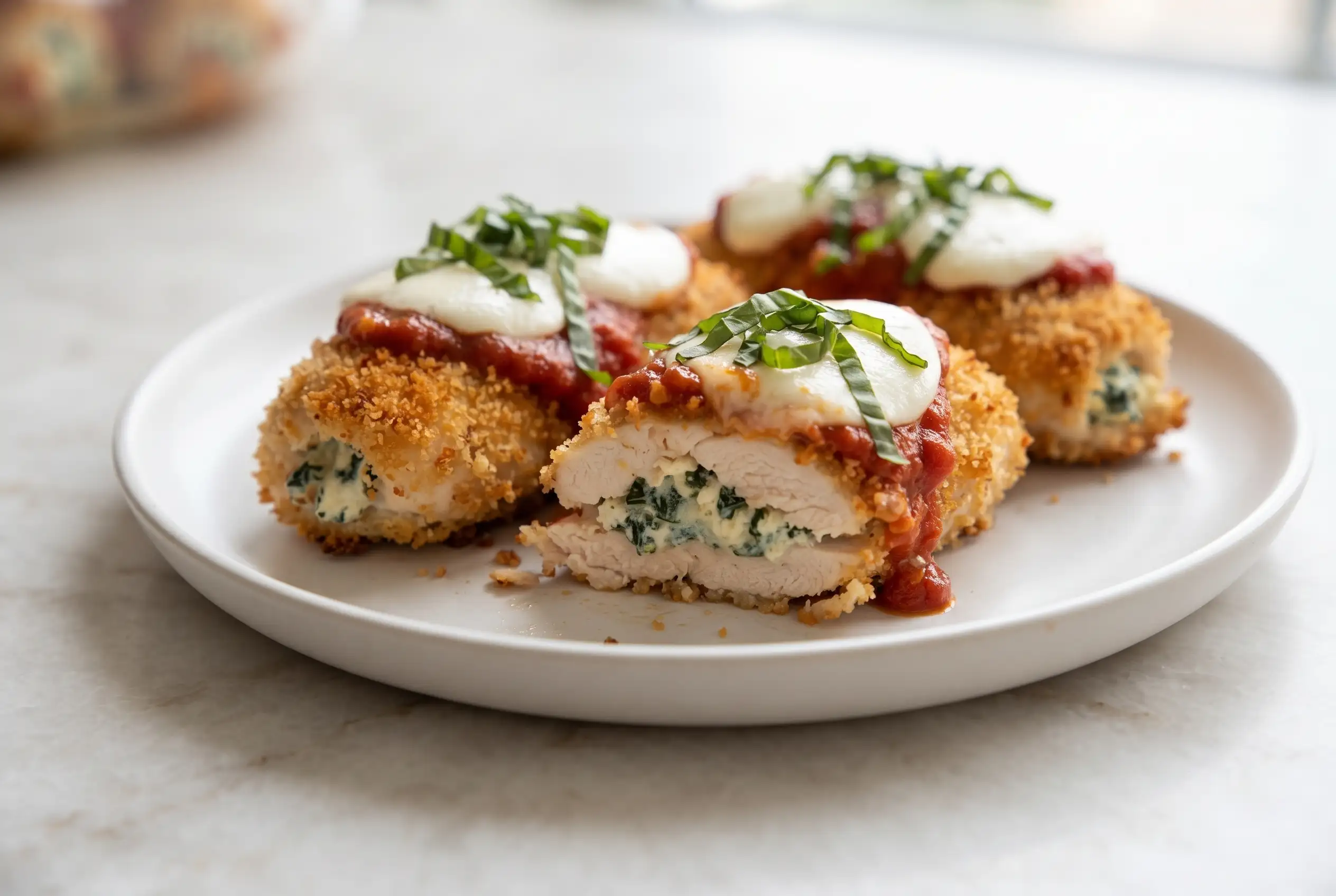 Baked mozzarella chicken rolls with spinach ricotta filling, marinara sauce, and melted mozzarella on a plate