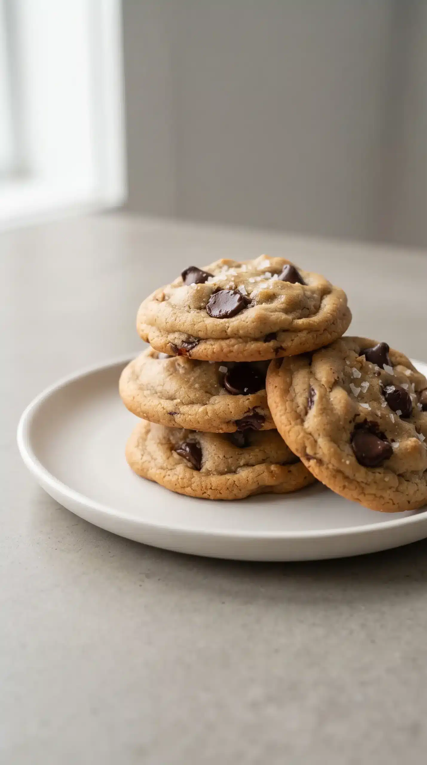 Professional food photography close-up of finished peanut butter chocolate chip cookies after cooling, featuring one primary small stack of golden cookies with visible chocolate chips and a slightly soft center texture on a simple ceramic plate. The cookies should look naturally homemade with gently rounded edges and subtle variation from baking, matching the recipe's tender middle and balanced peanut butter flavor. Use soft natural window light, a neutral surface, minimal props, no wooden table or rustic background, no extra servings, no steam or artificial effects, and a realistic editorial food magazine photography style.