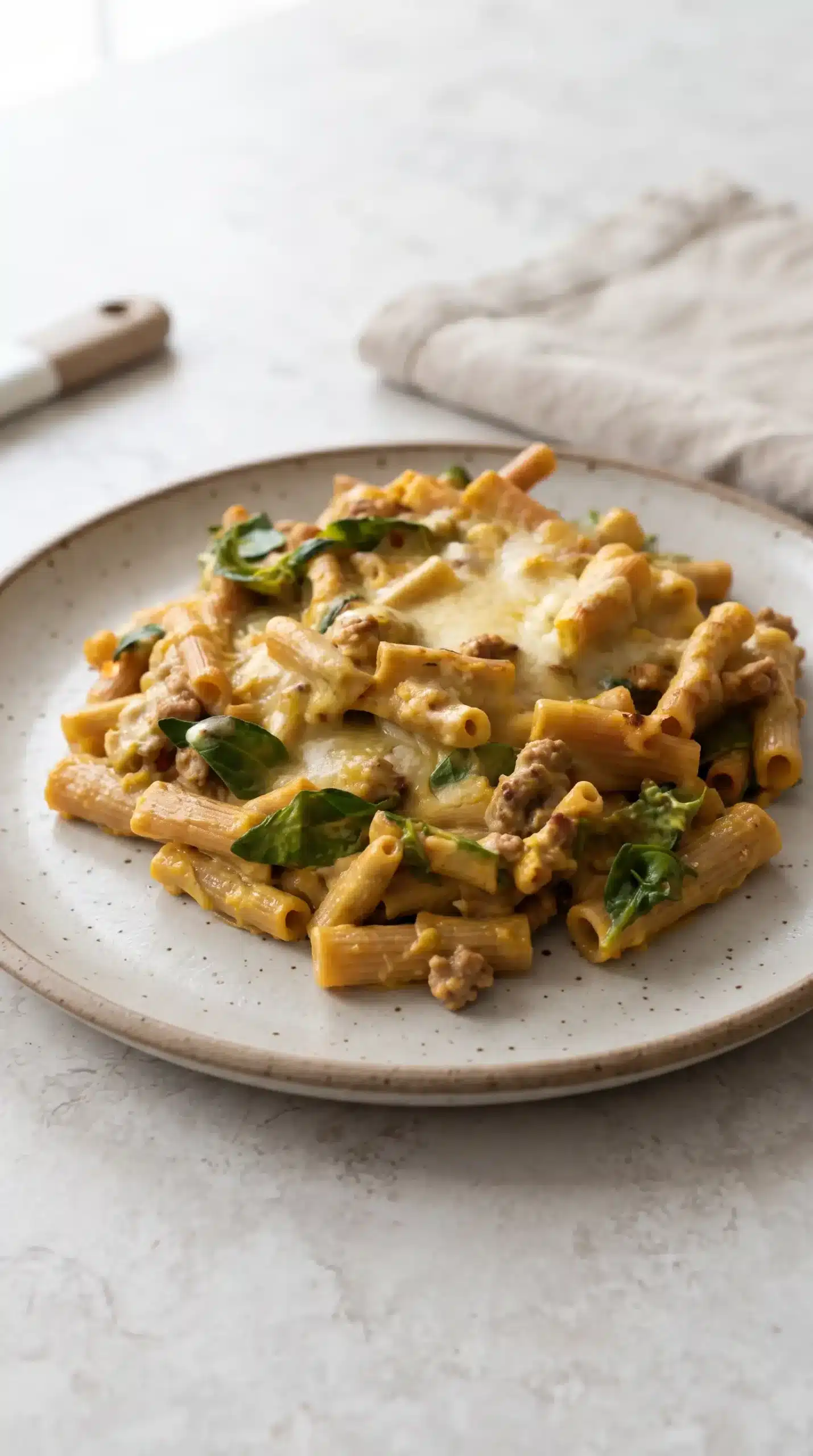 Serving of baked rigatoni with spinach, Provolone, turkey, and golden melted cheese