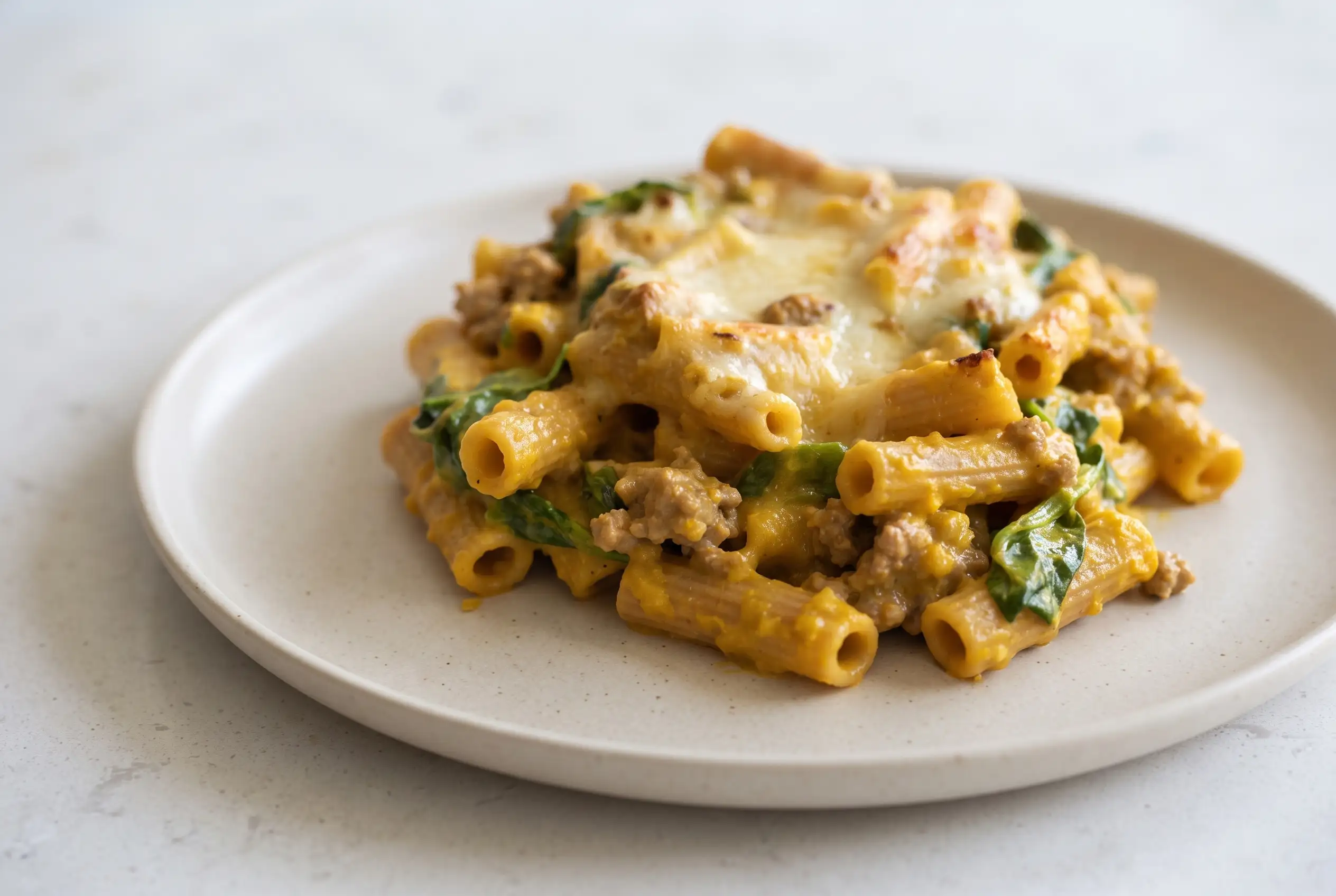 Baked rigatoni with spinach, Provolone, and turkey on a plate with creamy sauce and browned cheese topping