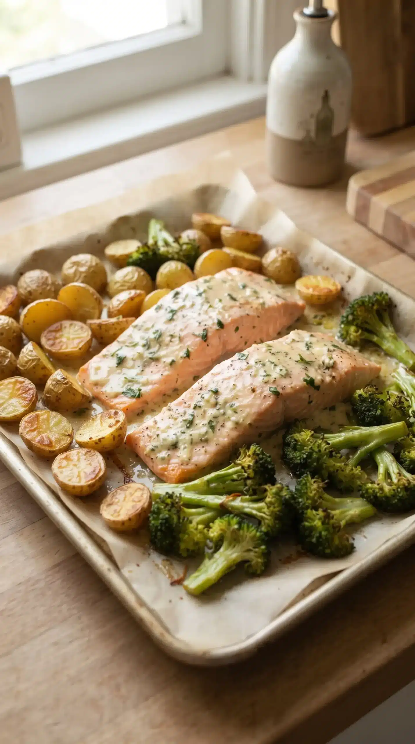 Salmon fillets with roasted potatoes and broccoli on a parchment-lined baking sheet
