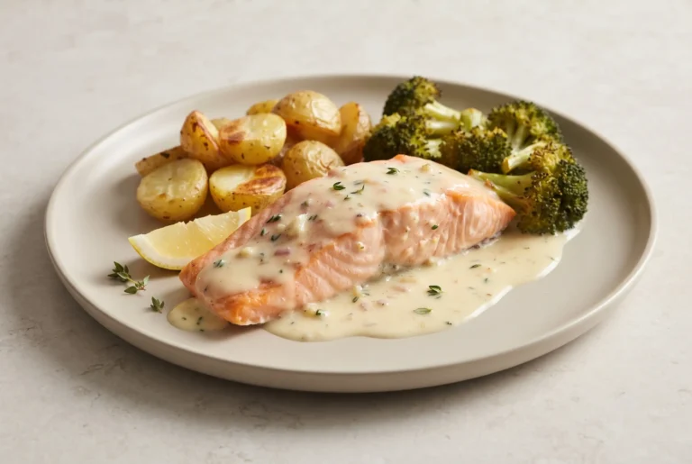 Baked salmon fillet with lemon cream sauce, roasted potatoes, and broccoli on a ceramic plate