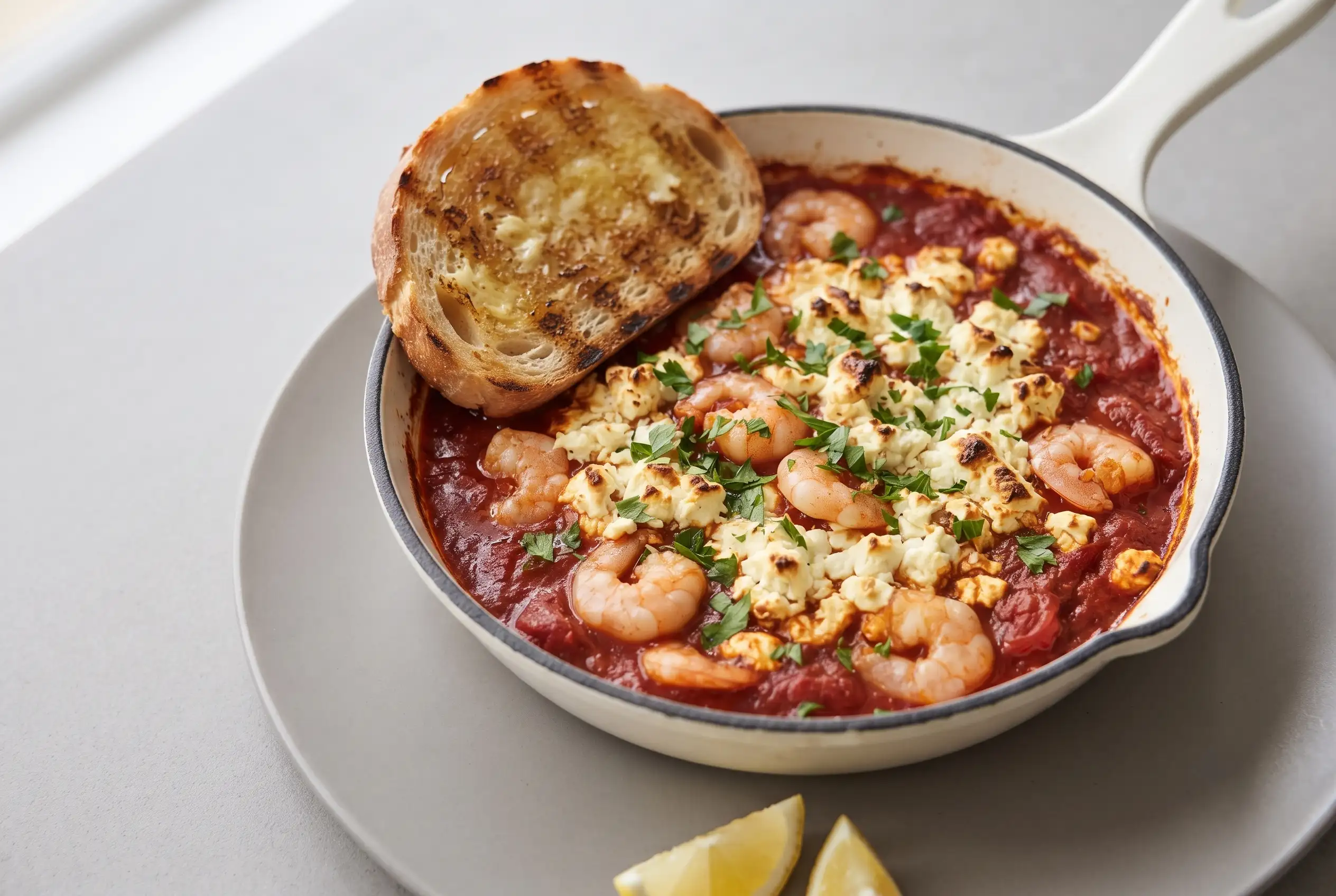 Baked shrimp with feta in tomato sauce with grilled sourdough and parsley