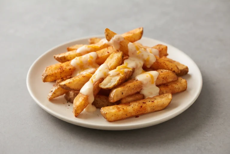 Baked spicy fries with garlic cheese sauce on a plate with crisp seasoned potato fries