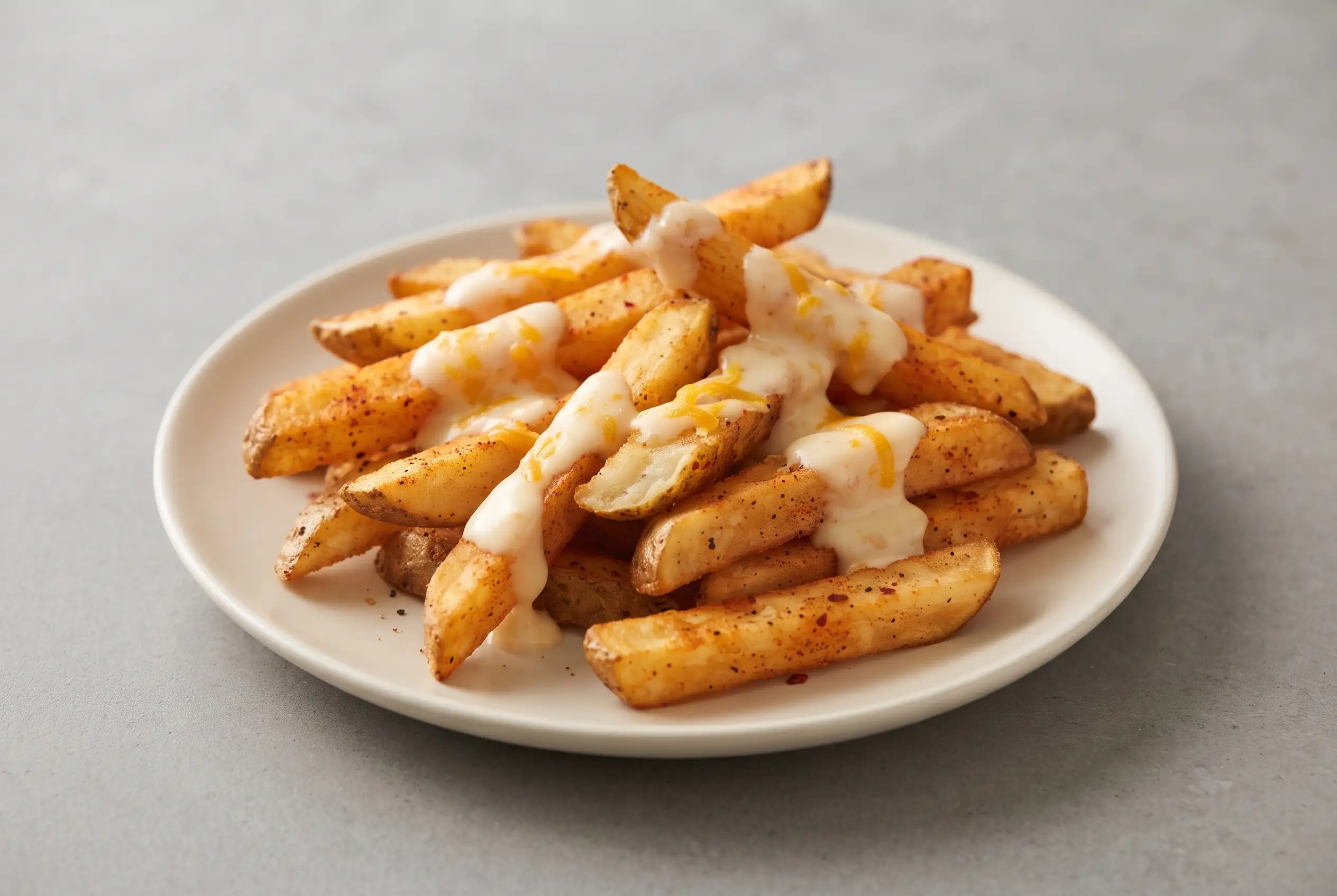 Baked spicy fries with garlic cheese sauce on a plate with crisp seasoned potato fries