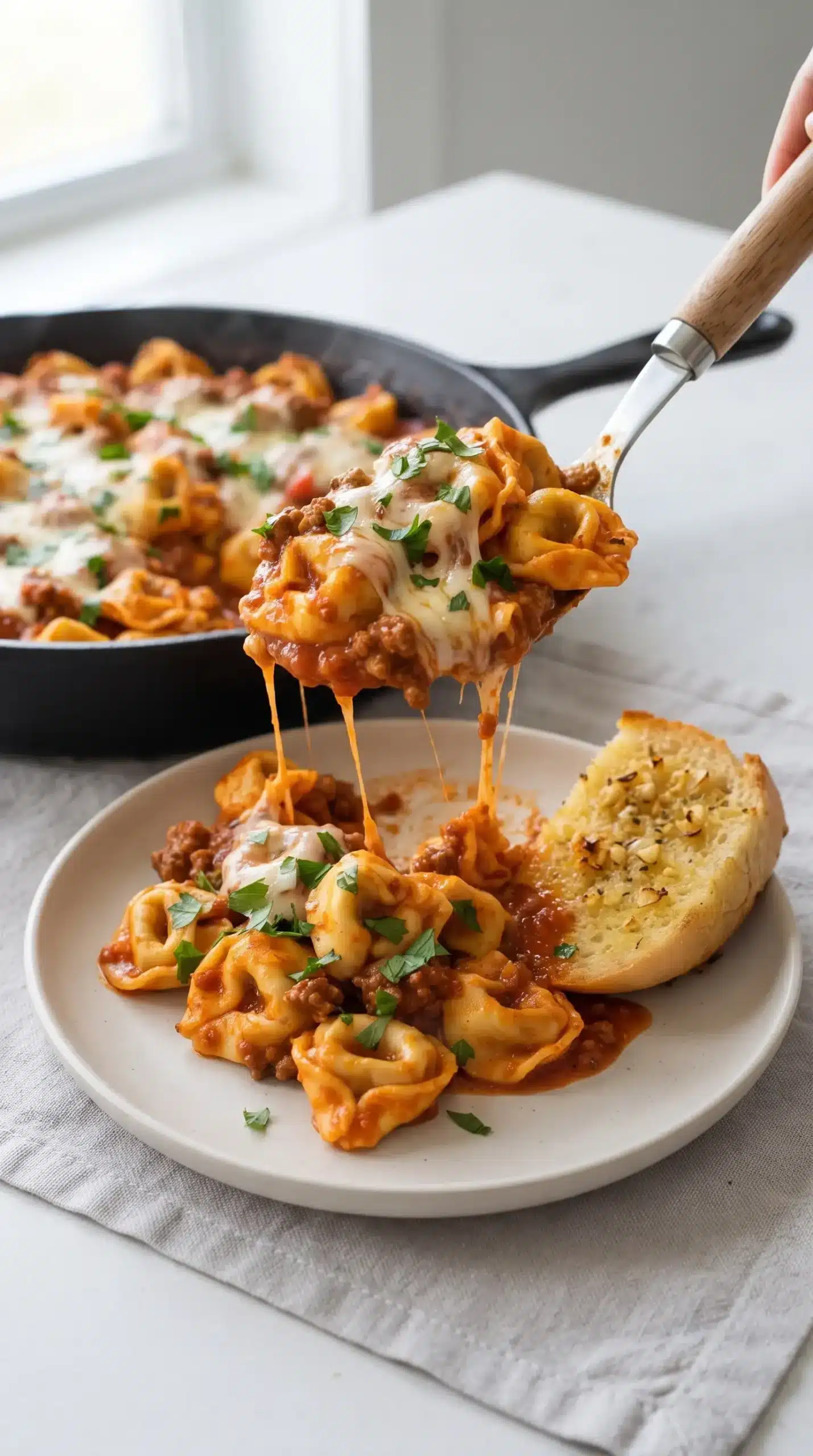 Serving of baked tortellini with sausage and cheese beside crisp garlic bread