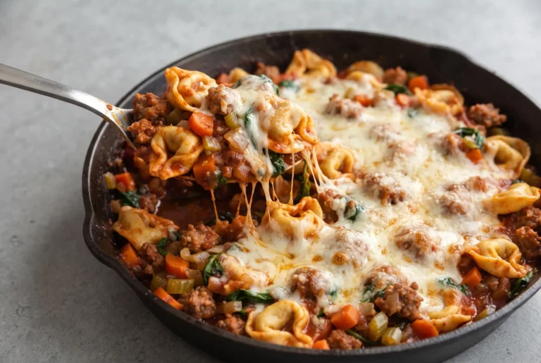Baked tortellini with sausage, tomato sauce, melted cheese, spinach, and vegetables in a skillet
