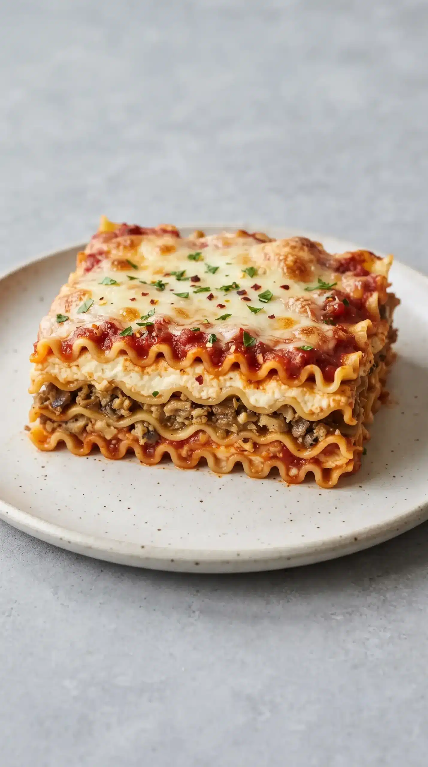 Baked vegetarian lasagna slice showing pasta layers, vegetable filling, and browned cheese