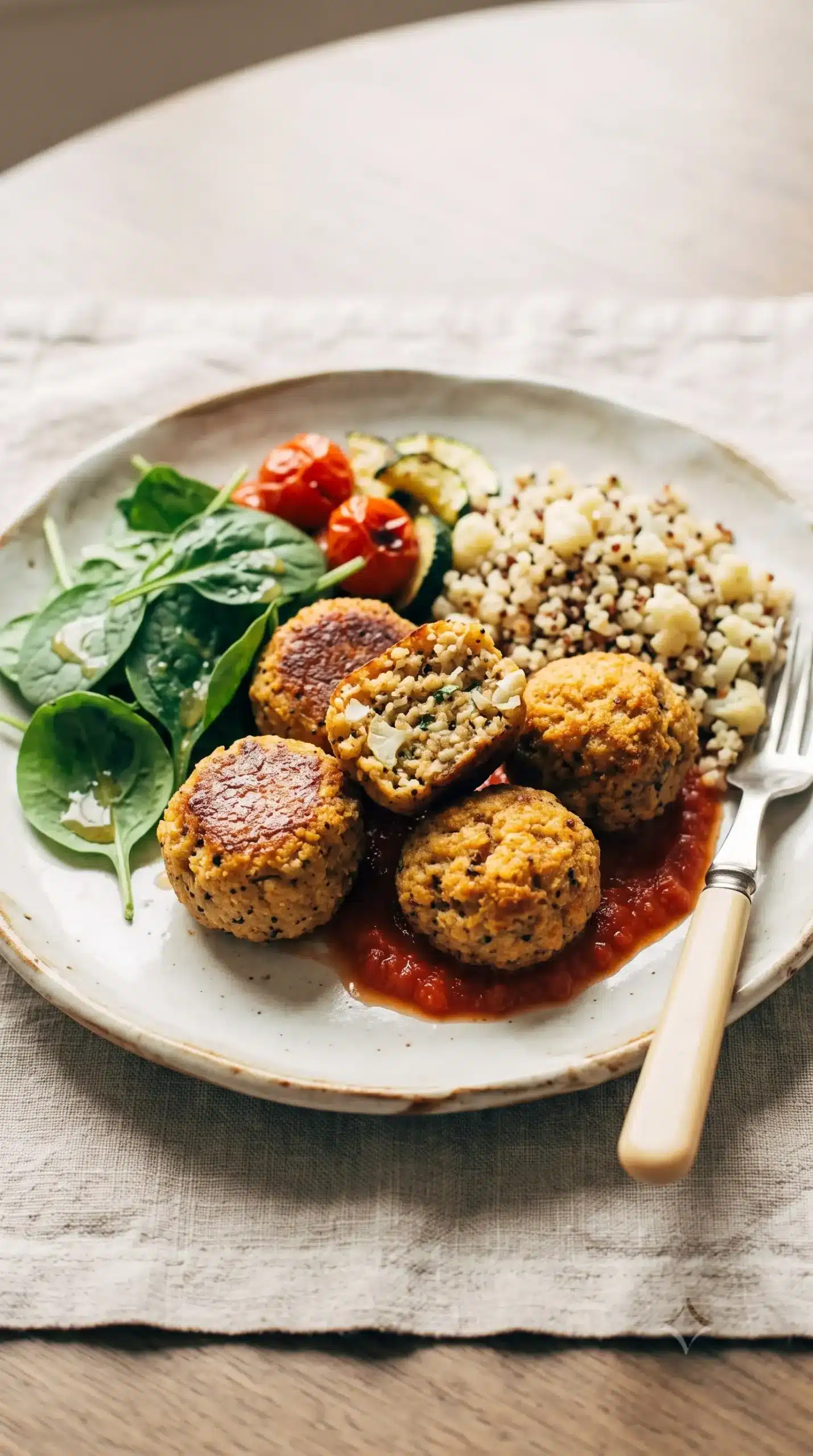 Baked vegetarian meatballs served with tomato sauce, greens, and vegetables