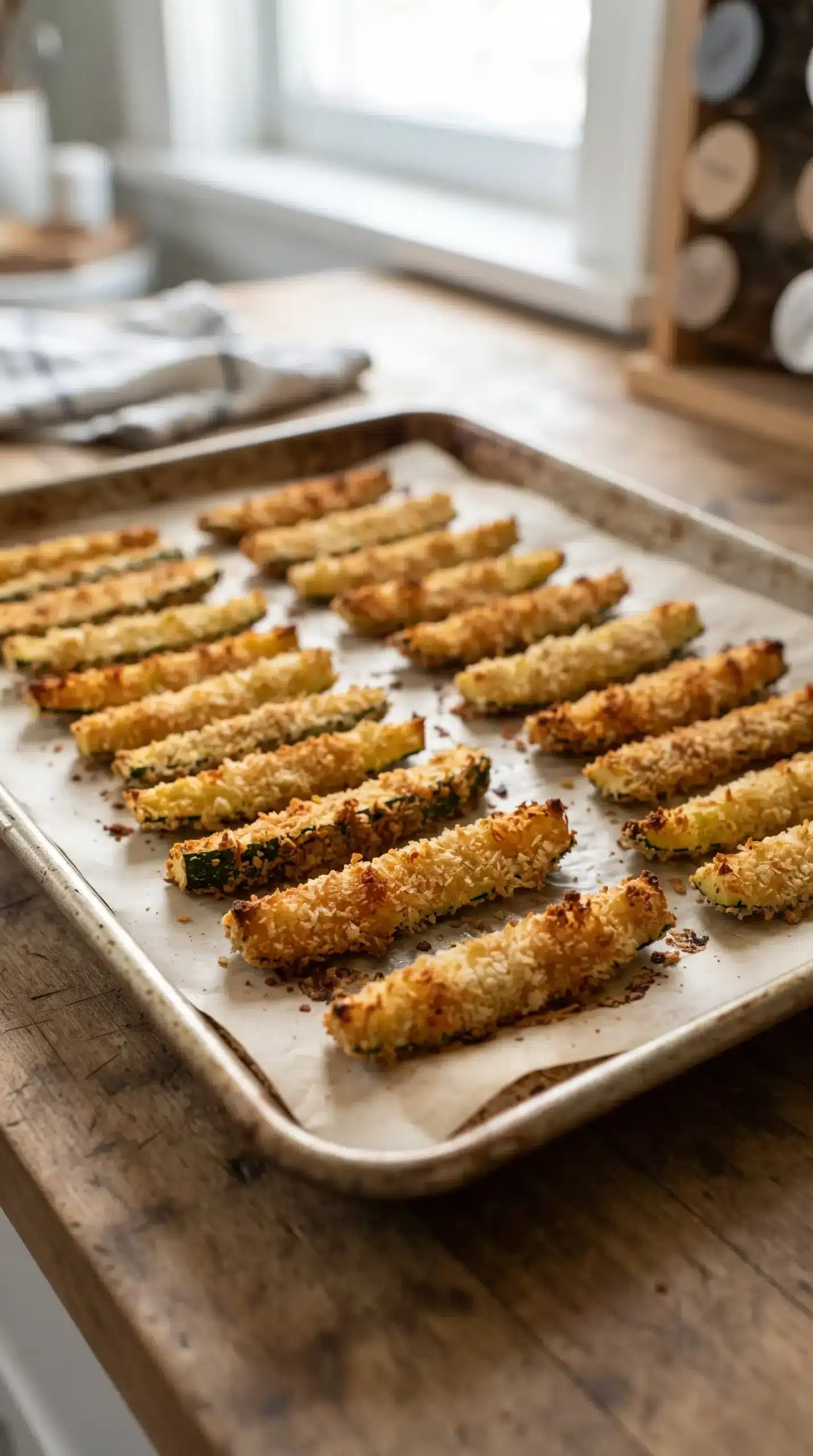Breaded zucchini fries arranged on a baking sheet after oven baking