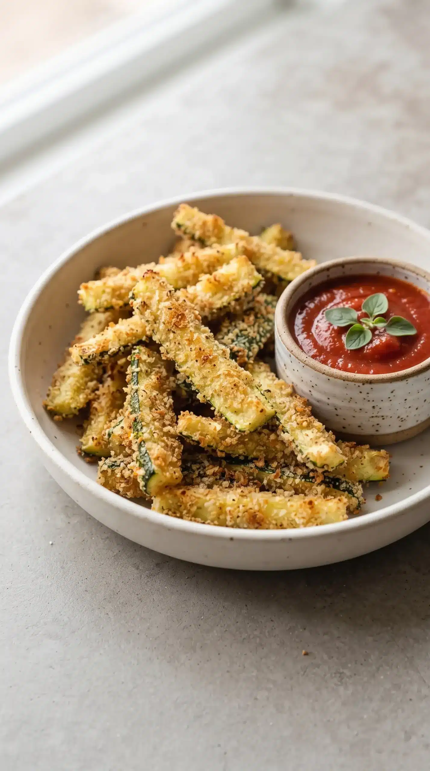 Baked zucchini fries with crisp coating served with marinara dipping sauce
