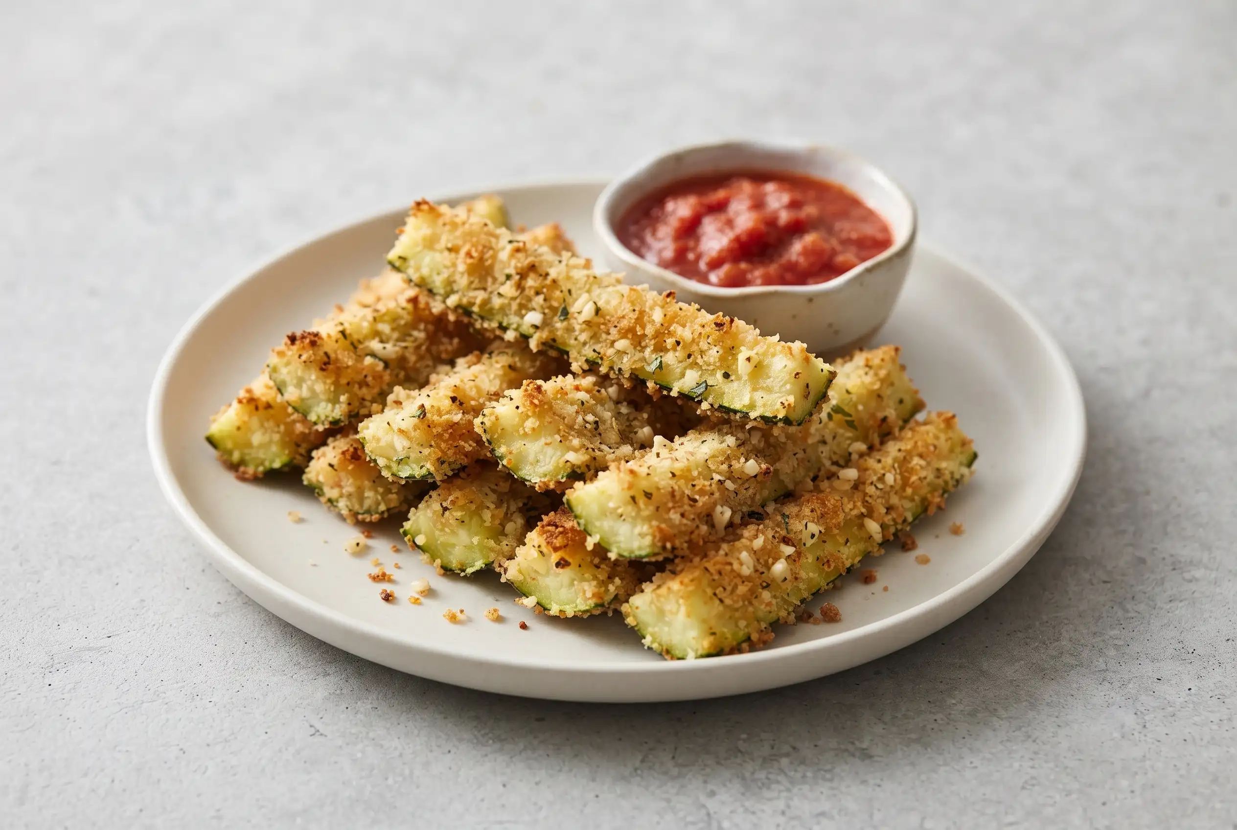 Baked zucchini fries with golden seasoned breadcrumb coating served with marinara sauce