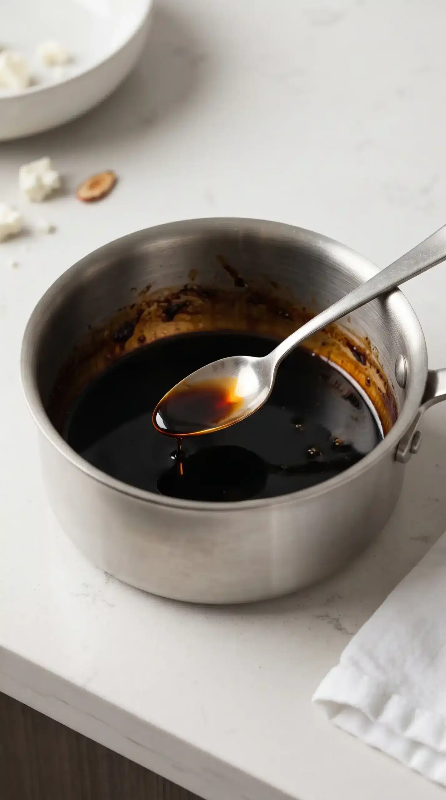 Balsamic vinegar reduced in a saucepan to a thick syrup for salad dressing
