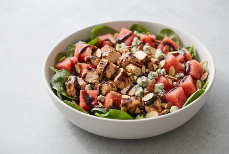 Watermelon chicken salad with grilled chicken, spinach, watermelon, blue cheese, almonds, and balsamic reduction