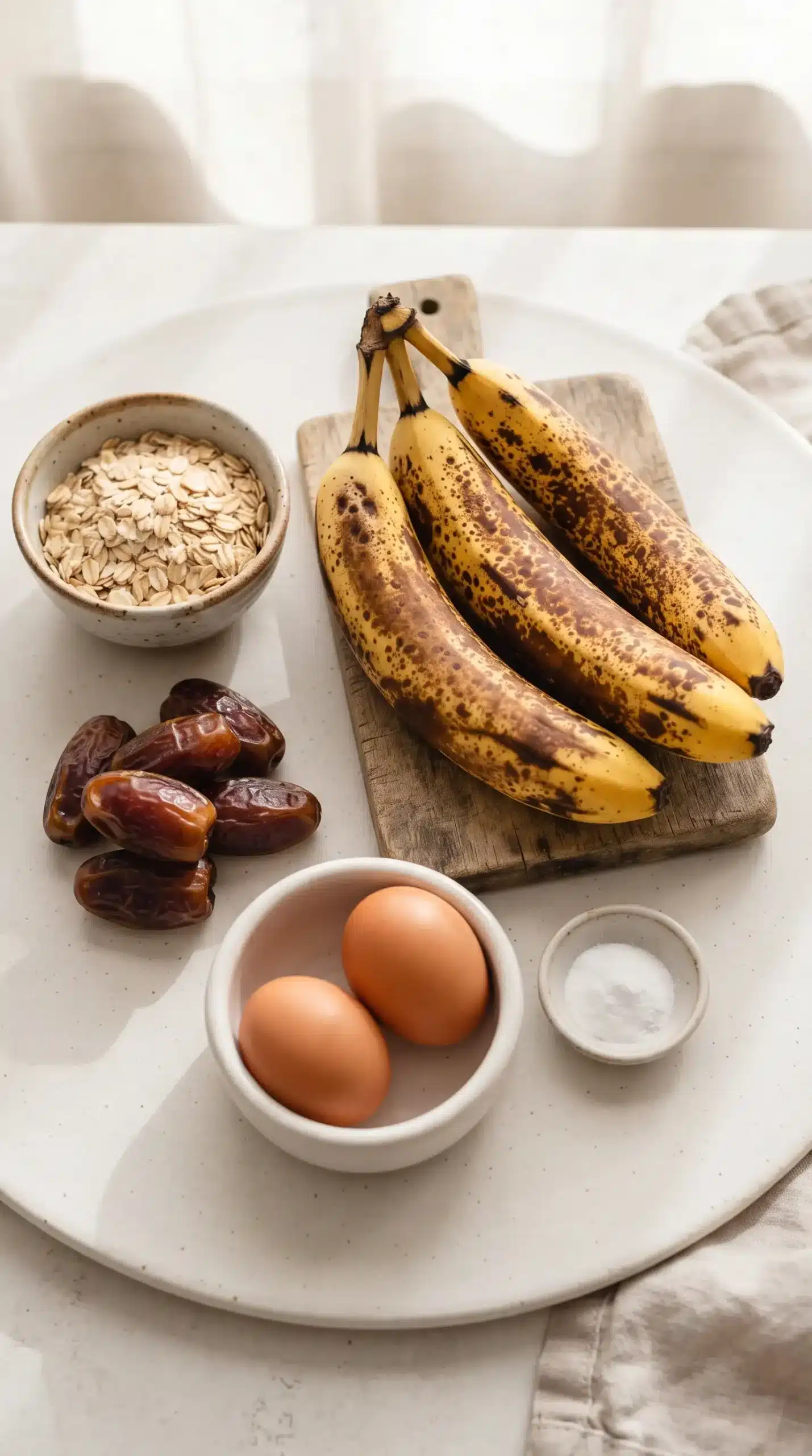 Ingredients for banana bread muffins with bananas, oats, dates, eggs, and baking soda