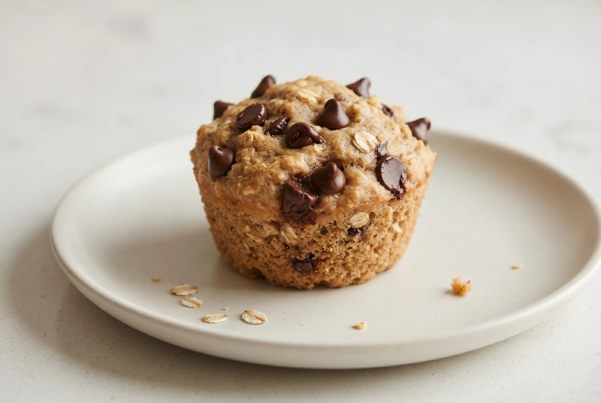 Banana bread muffin with oats and chocolate chips on a ceramic plate