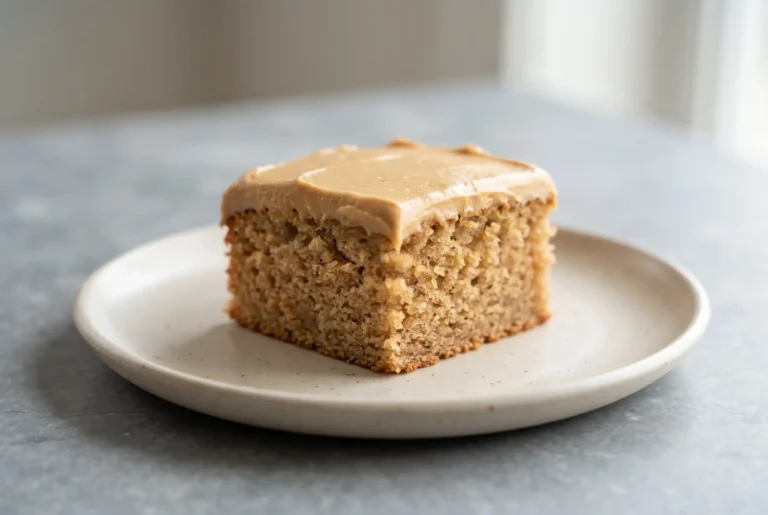 Slice of banana cake with whole wheat peanut butter frosting on a ceramic plate