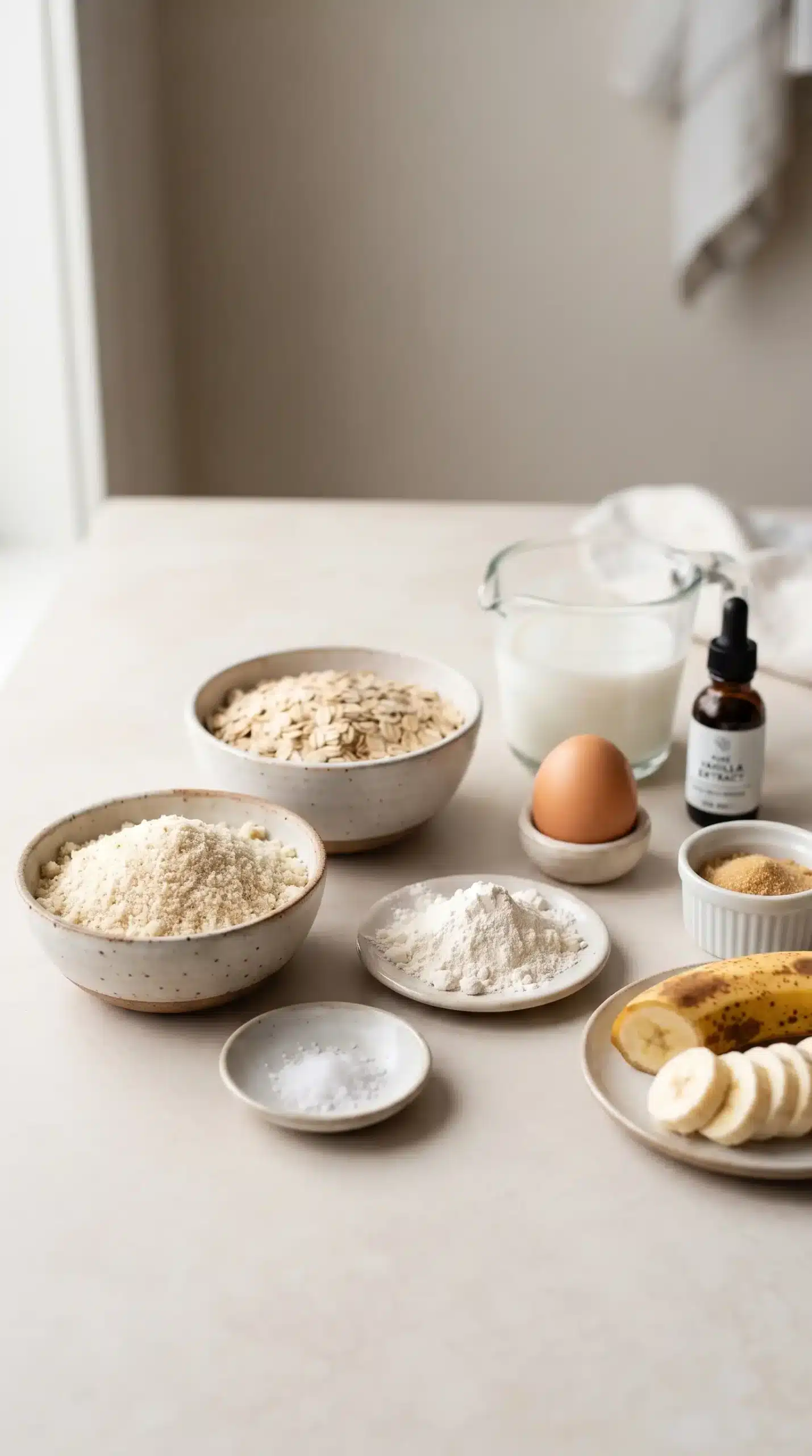 Almond meal, oats, flour, bananas, milk, egg, and other crepe ingredients prepared for mixing