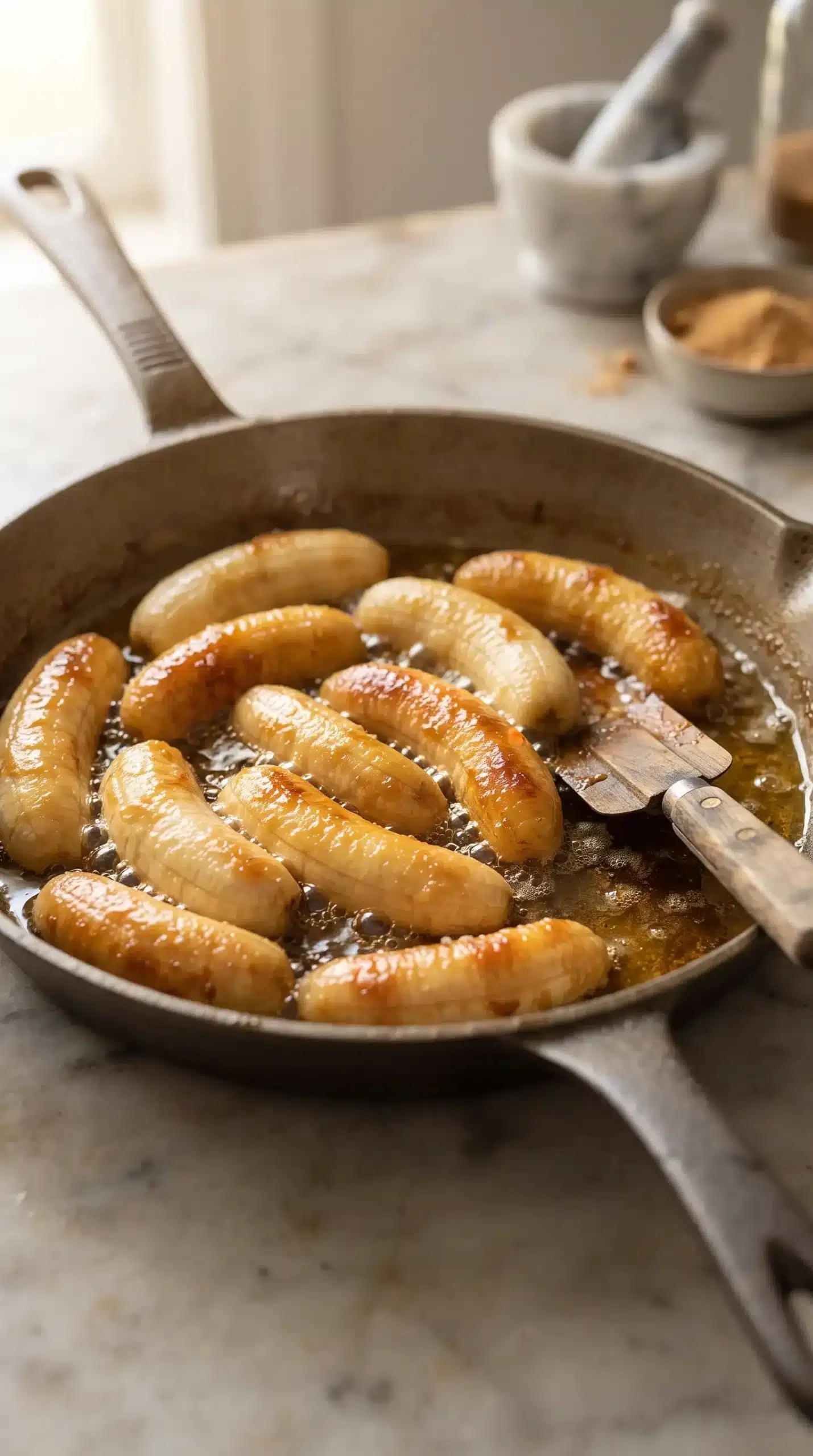 Saba bananas frying with melting brown sugar for banana cue