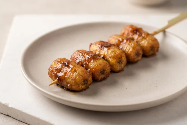 Banana cue with caramelized saba bananas on a skewer