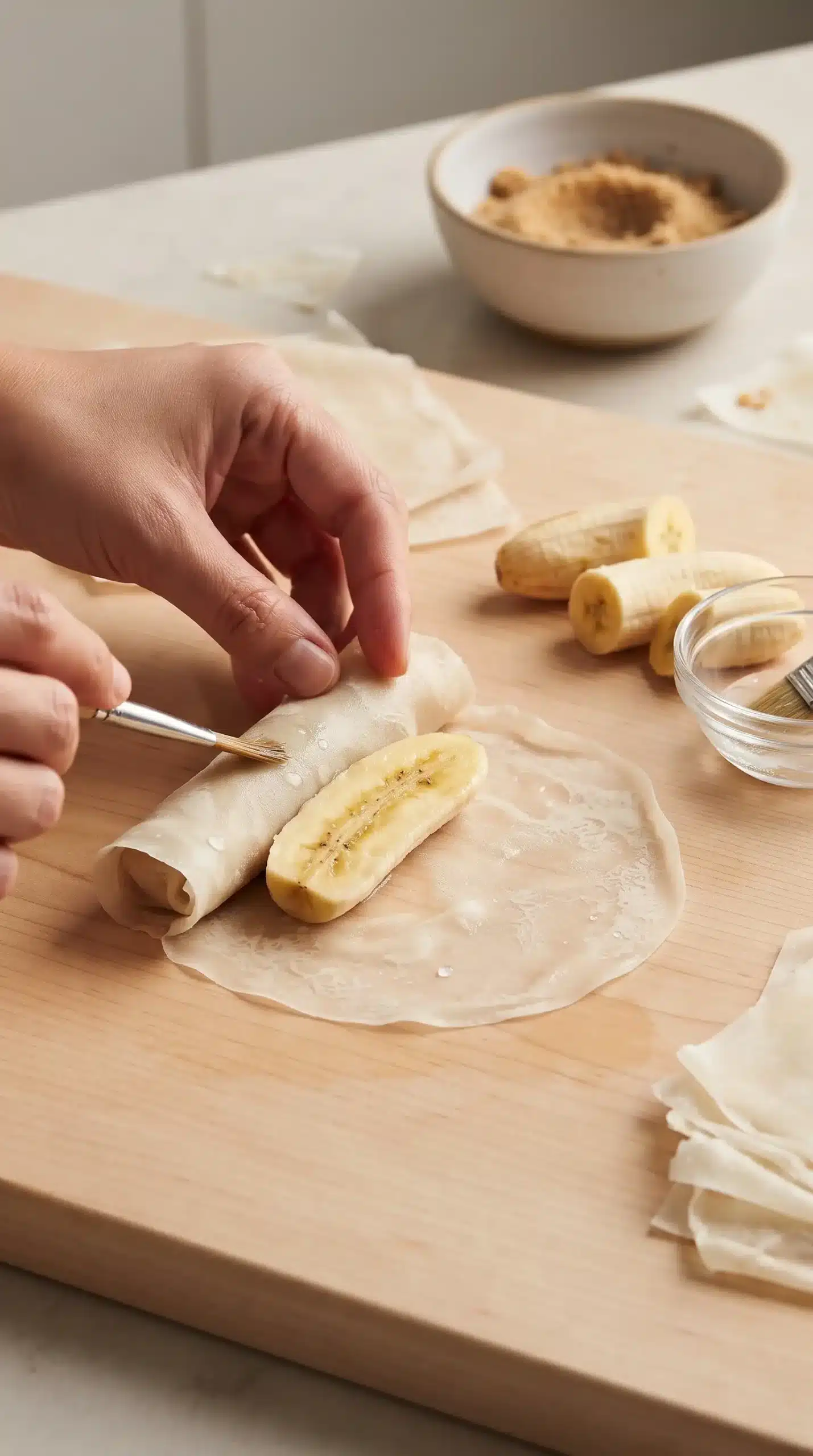 Hands rolling a banana in a lumpia wrapper during preparation